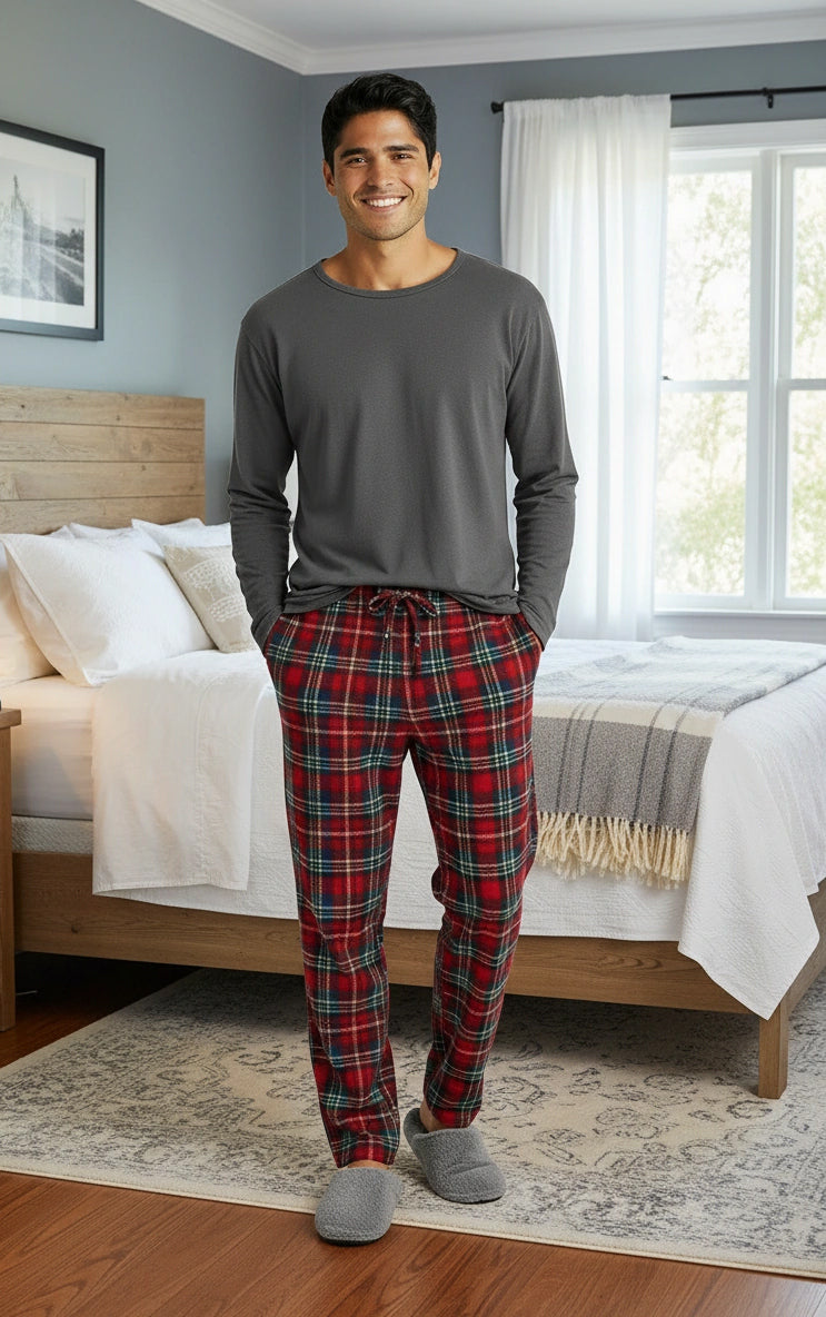 Men's Stewart Tartan Plaid Soft Plush Fleece Pajama Pants, Warm Long Lounge Bottoms