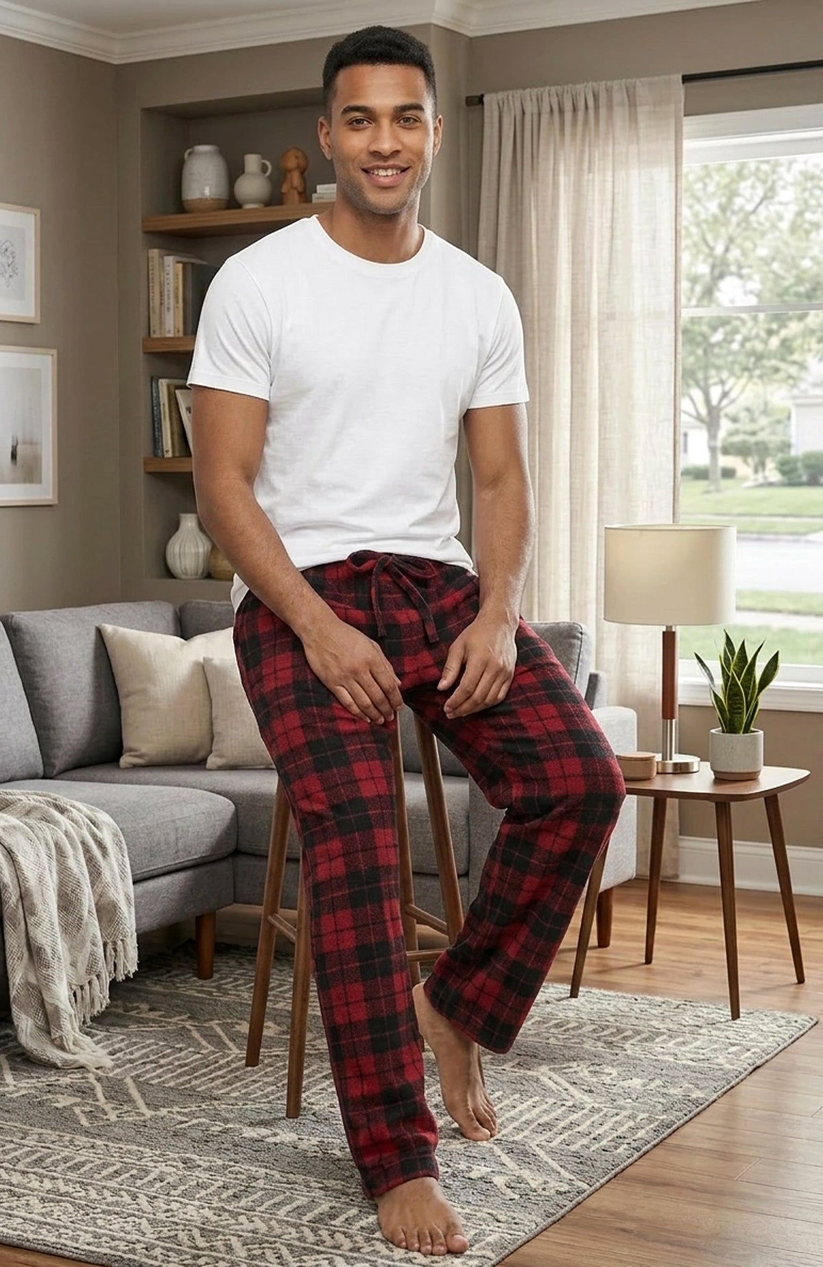 Men's Red Black Plaid Soft Plush Fleece Pajama Pants, Warm Long Lounge Bottoms