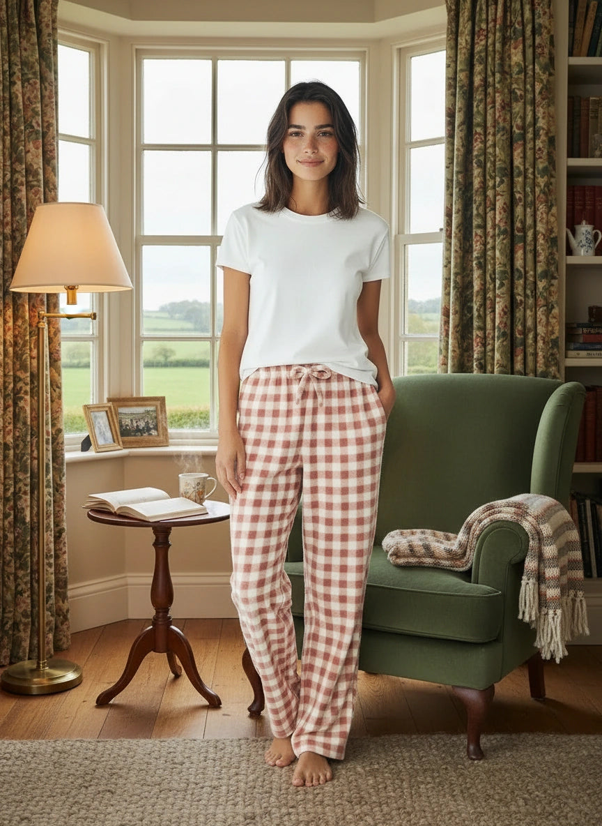 Women's Blush Gingham Check Soft Warm Fleece Pajama Pants, Long Lounge Bottoms