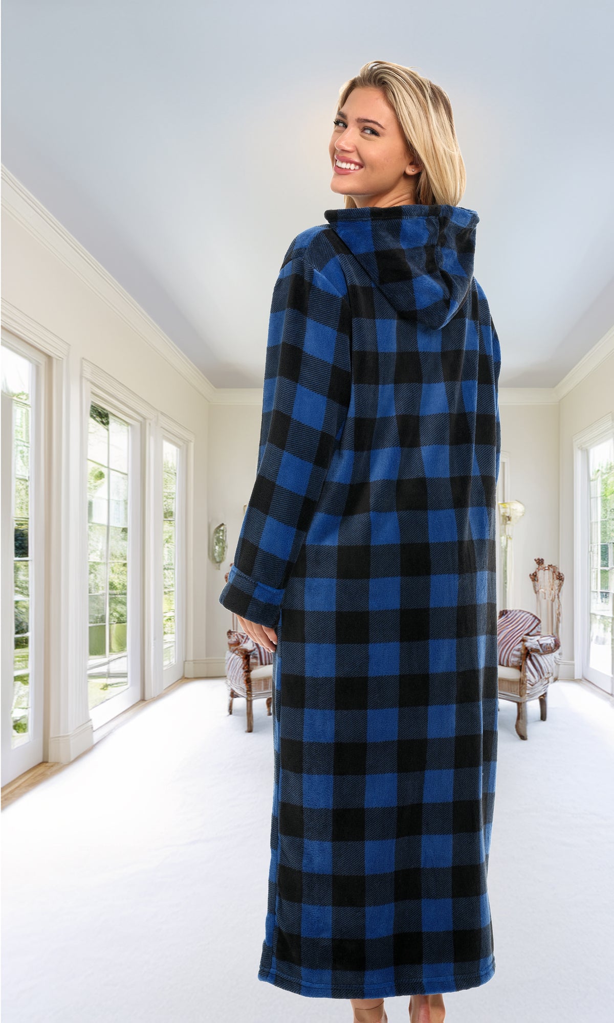 Women's Blue Buffalo Check Plaid Zip Up Fleece Robe with Hood, Oversized Hooded Bathrobe with Two Way Zipper