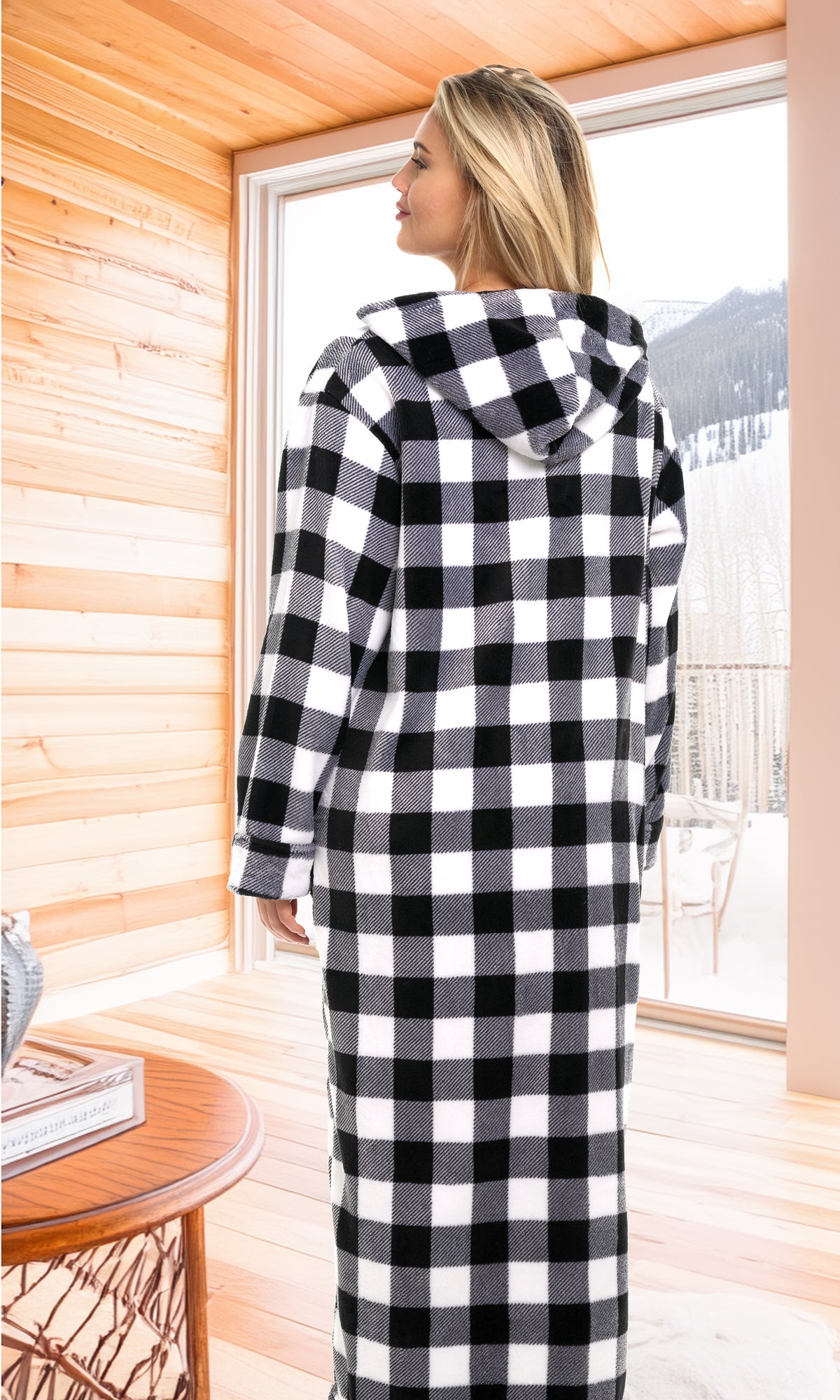 Women's Buffalo Check White Black Plaid Zip Up Fleece Robe with Hood, Oversized Hooded Bathrobe with Two Way Zipper