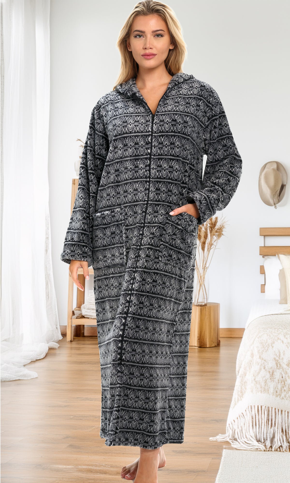Women's Moroccan Pattern Zip Up Fleece Robe with Hood, Oversized Hooded Bathrobe with Two Way Zipper
