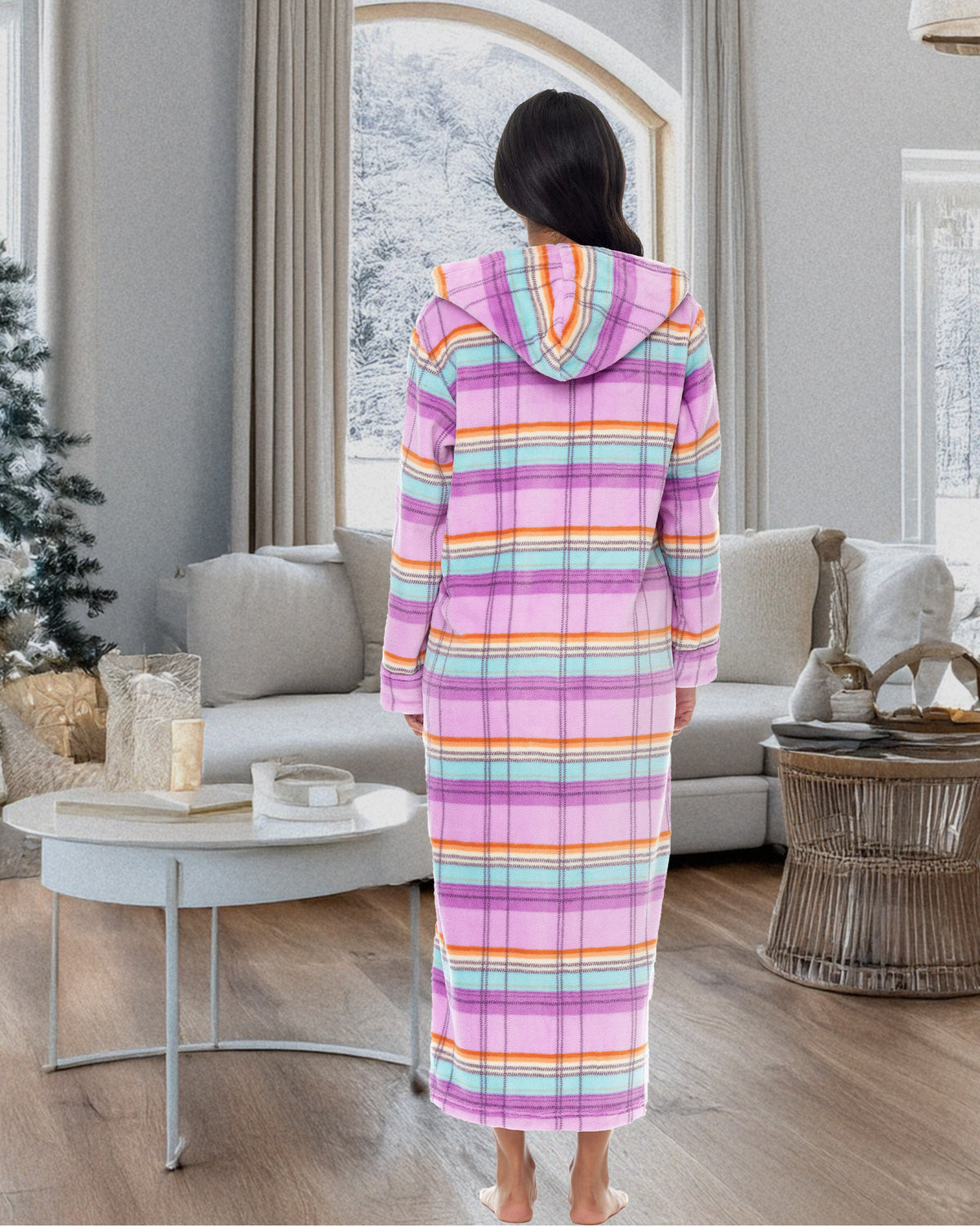 Women's Pastel Plaid Zip Up Fleece Robe with Hood, Oversized Hooded Bathrobe with Two Way Zipper