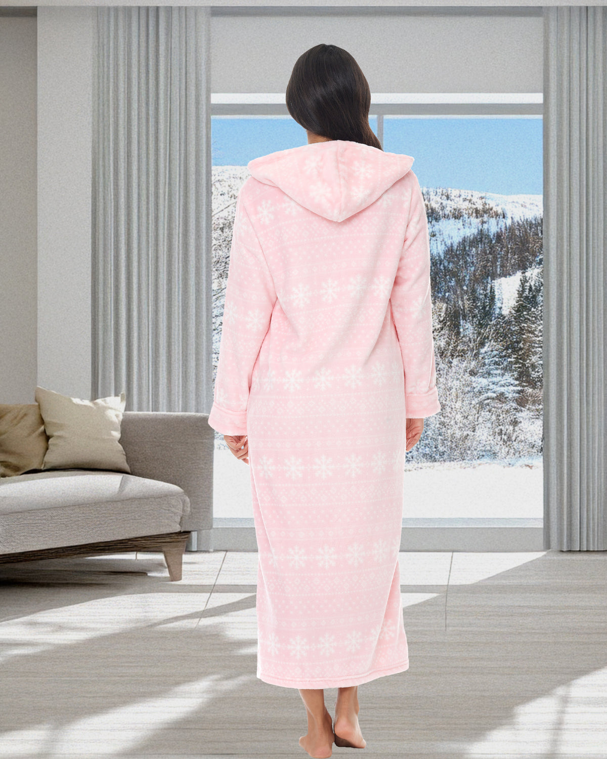 Women's Snowflake Fair Isle Pink Zip Up Fleece Robe with Hood, Oversized Hooded Bathrobe with Two Way Zipper