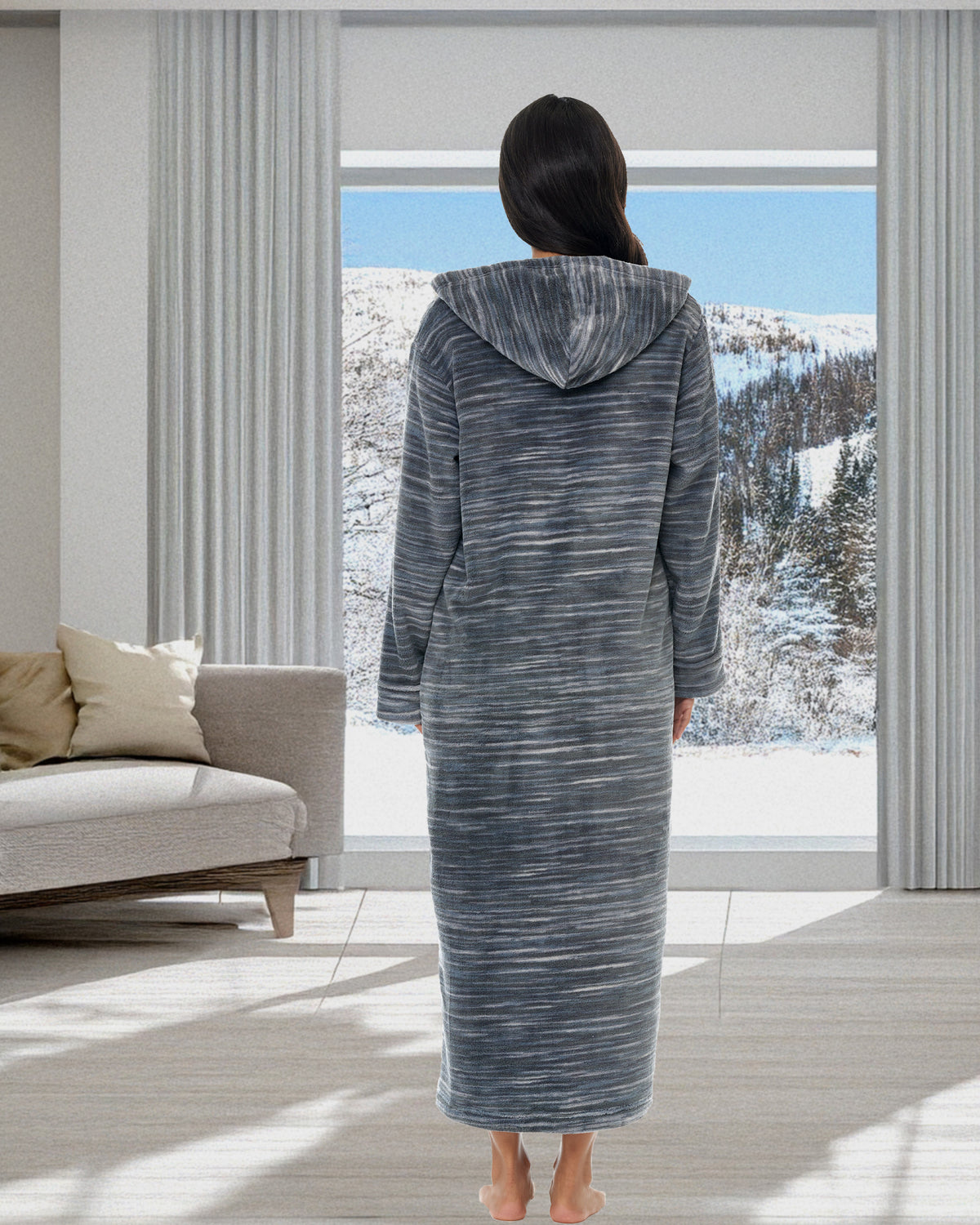 Women's Dark Heathered Gray Zip Up Fleece Robe with Hood, Oversized Hooded Bathrobe with Two Way Zipper