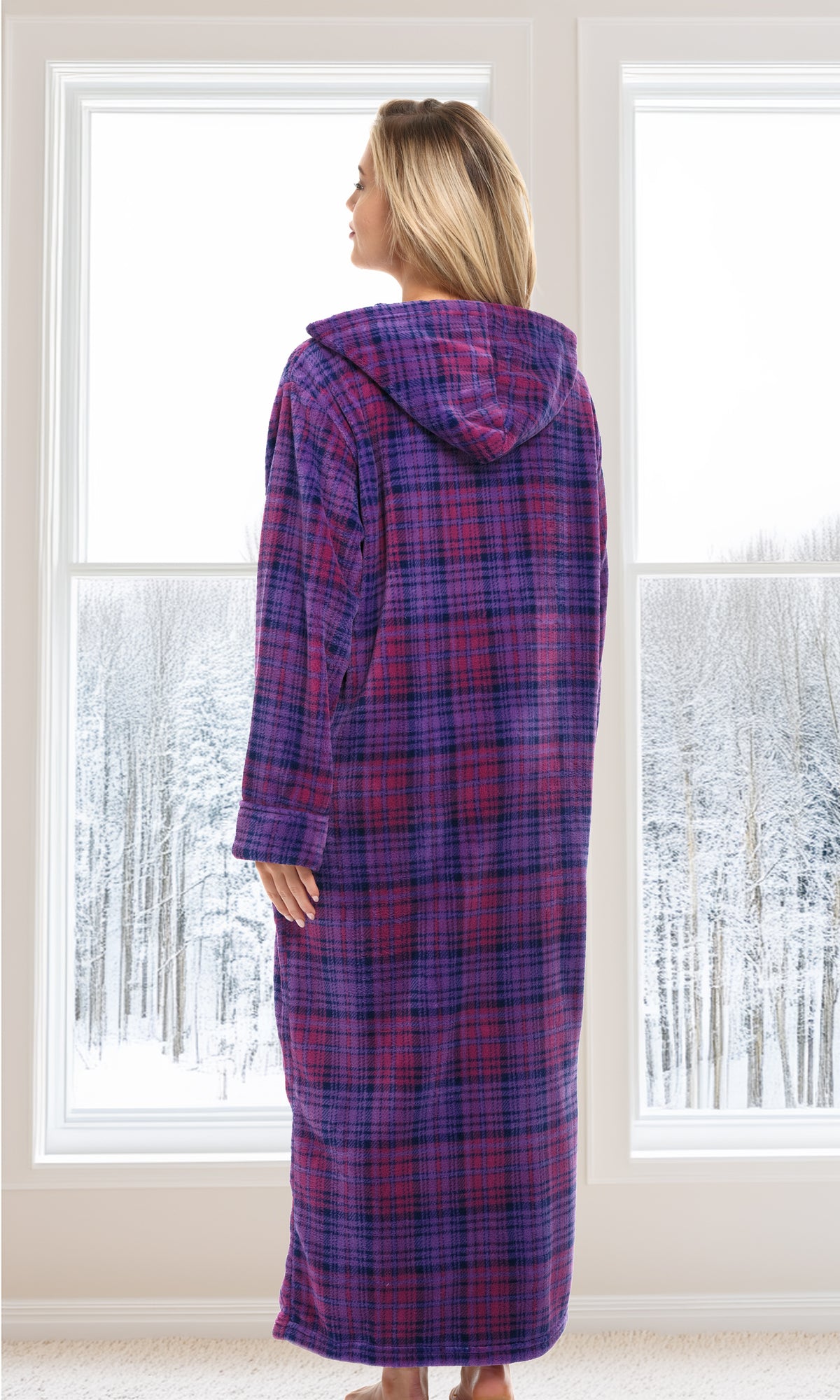 Women's Purple Plaid Zip Up Fleece Robe with Hood, Oversized Hooded Bathrobe with Two Way Zipper