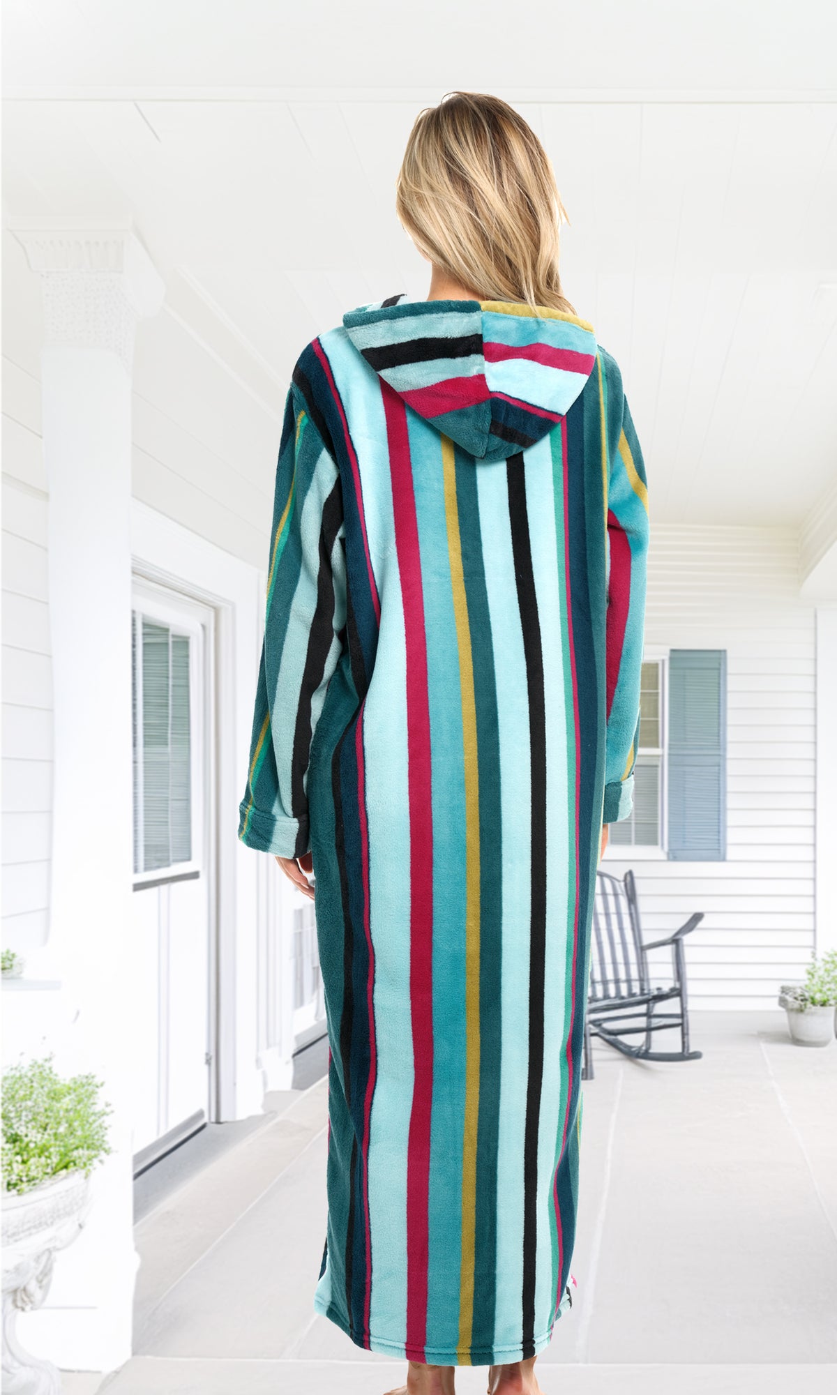 Women's Aqua and Magenta Striped Zip Up Fleece Robe with Hood, Oversized Hooded Bathrobe with Two Way Zipper