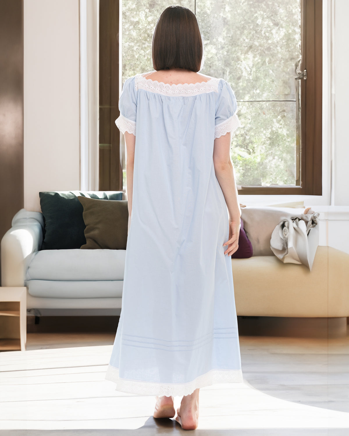 Women's Light Blue Cotton Victorian Nightgown, Amelia Short Sleeve Lace Trimmed Button Up Long Night Dress