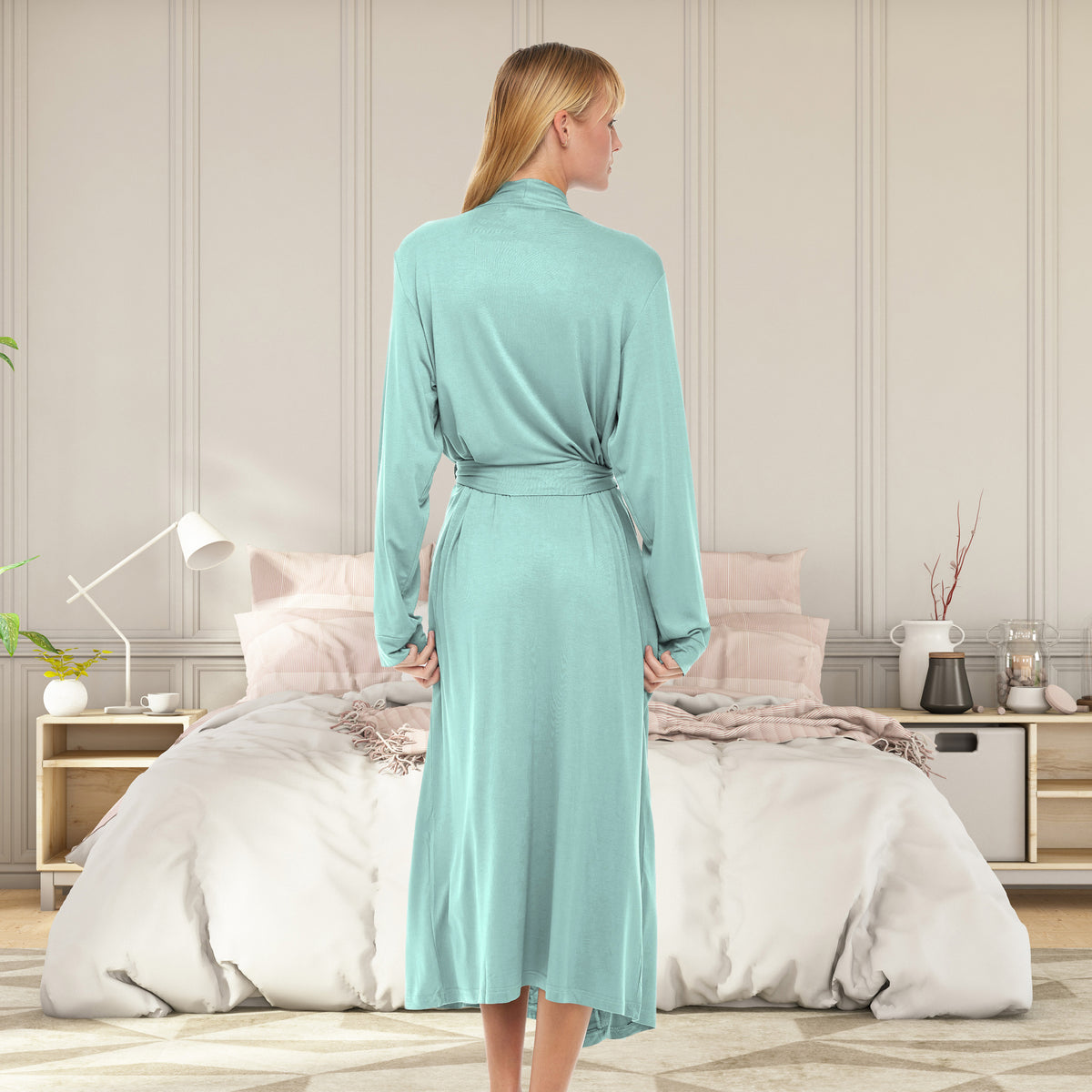 Women's Sea Green Cotton Long Knit Robe with Pockets, Lightweight Bathrobe