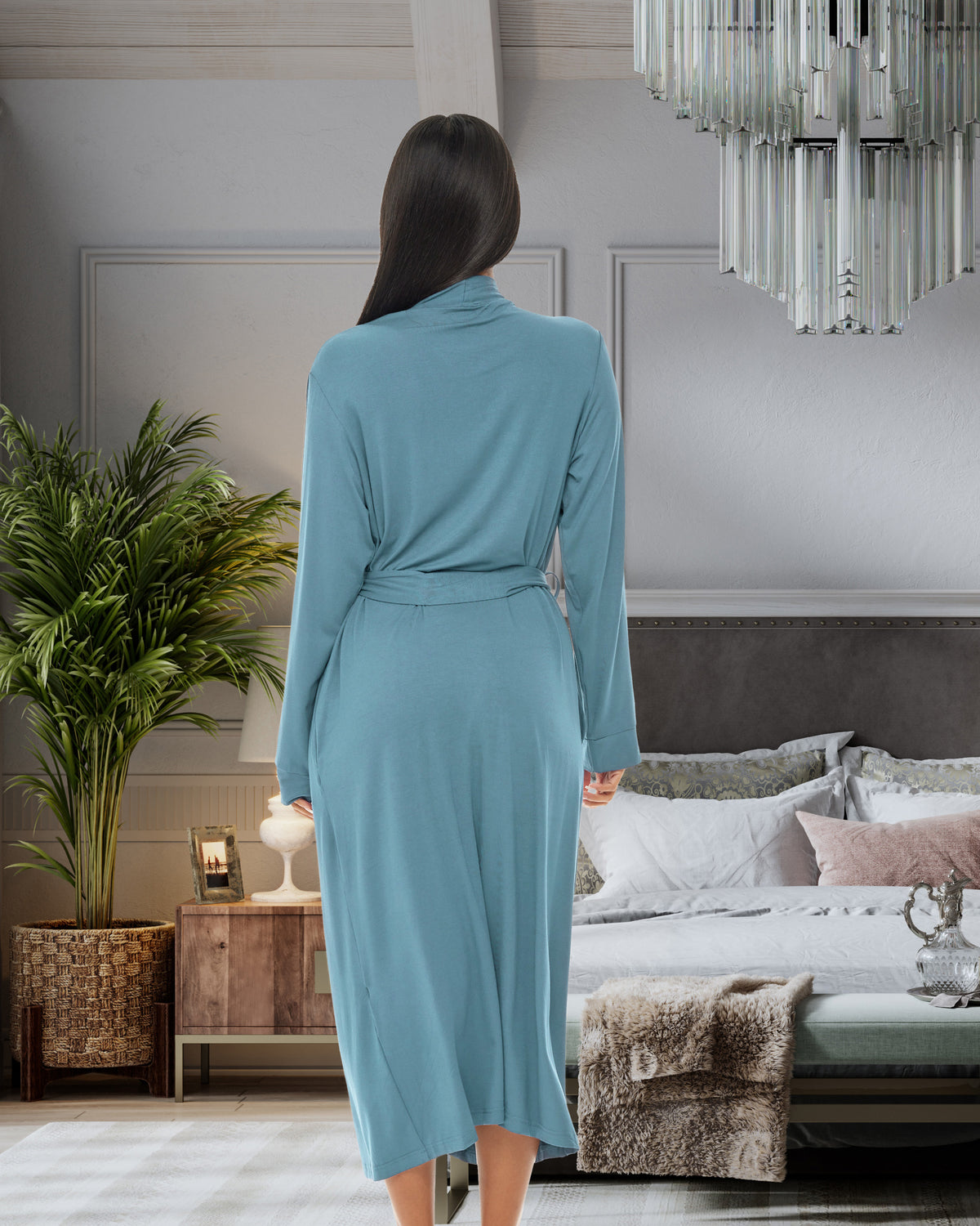 Women's Shadow Blue Cotton Long Knit Robe with Pockets, Lightweight Bathrobe