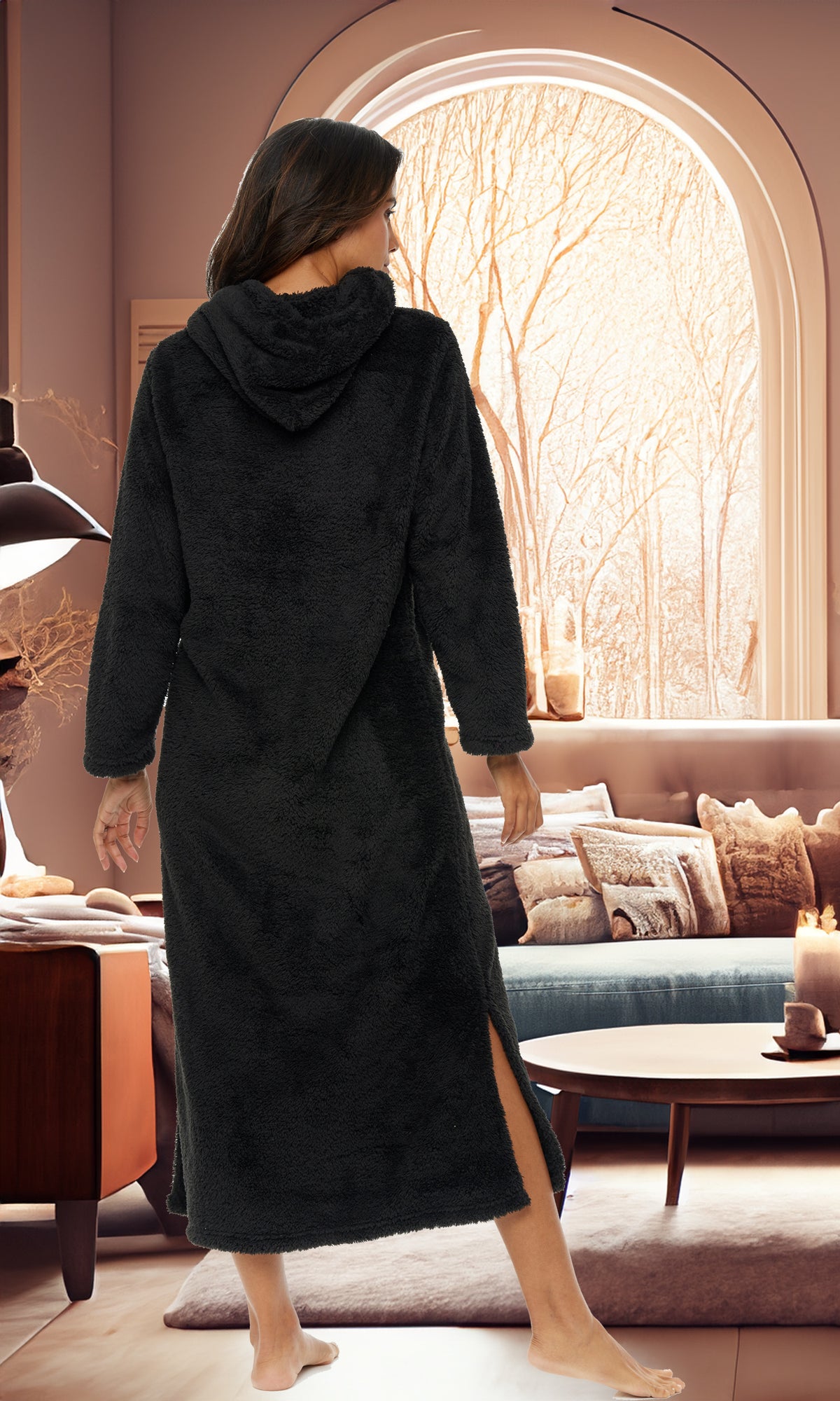 Women's Black Plush Sweatshirt Robe with Pockets, Long Hooded Fleece Duster Kaftan