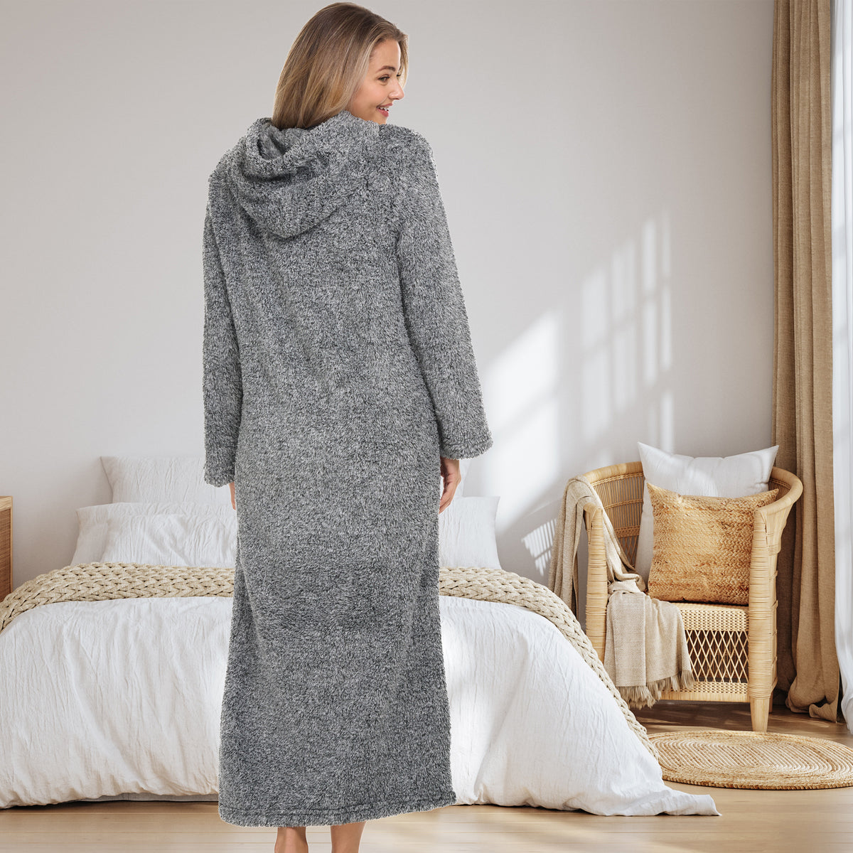 Women's Dark Heathered Gray Plush Sweatshirt Robe with Pockets, Long Hooded Fleece Duster Kaftan