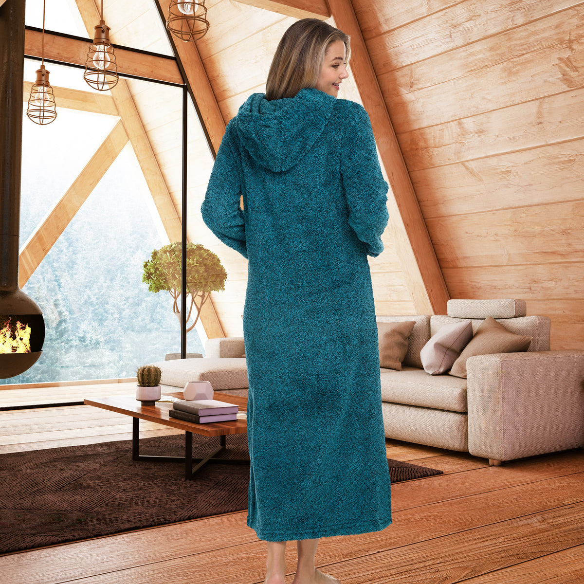 Women's Heathered Teal Plush Sweatshirt Robe with Pockets, Long Hooded Fleece Duster Kaftan
