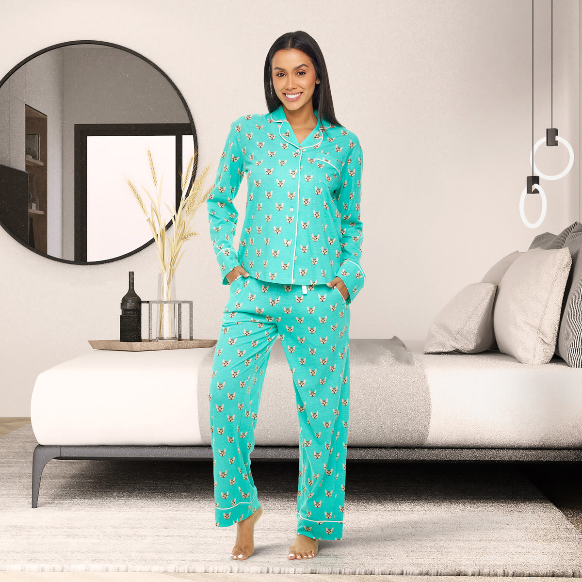 Womens Aqua Cats Long Sleeve Knit Pajamas