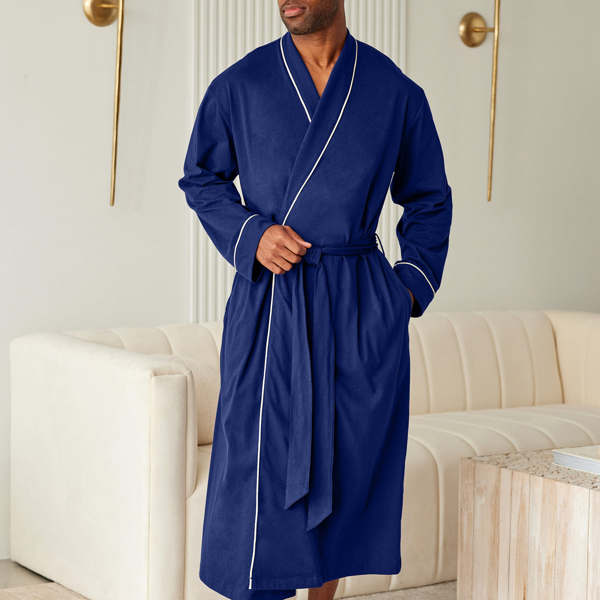 Mens Midnight Blue - 5 ft 5 in & Taller Long Knit Lounge Robe with Pockets
