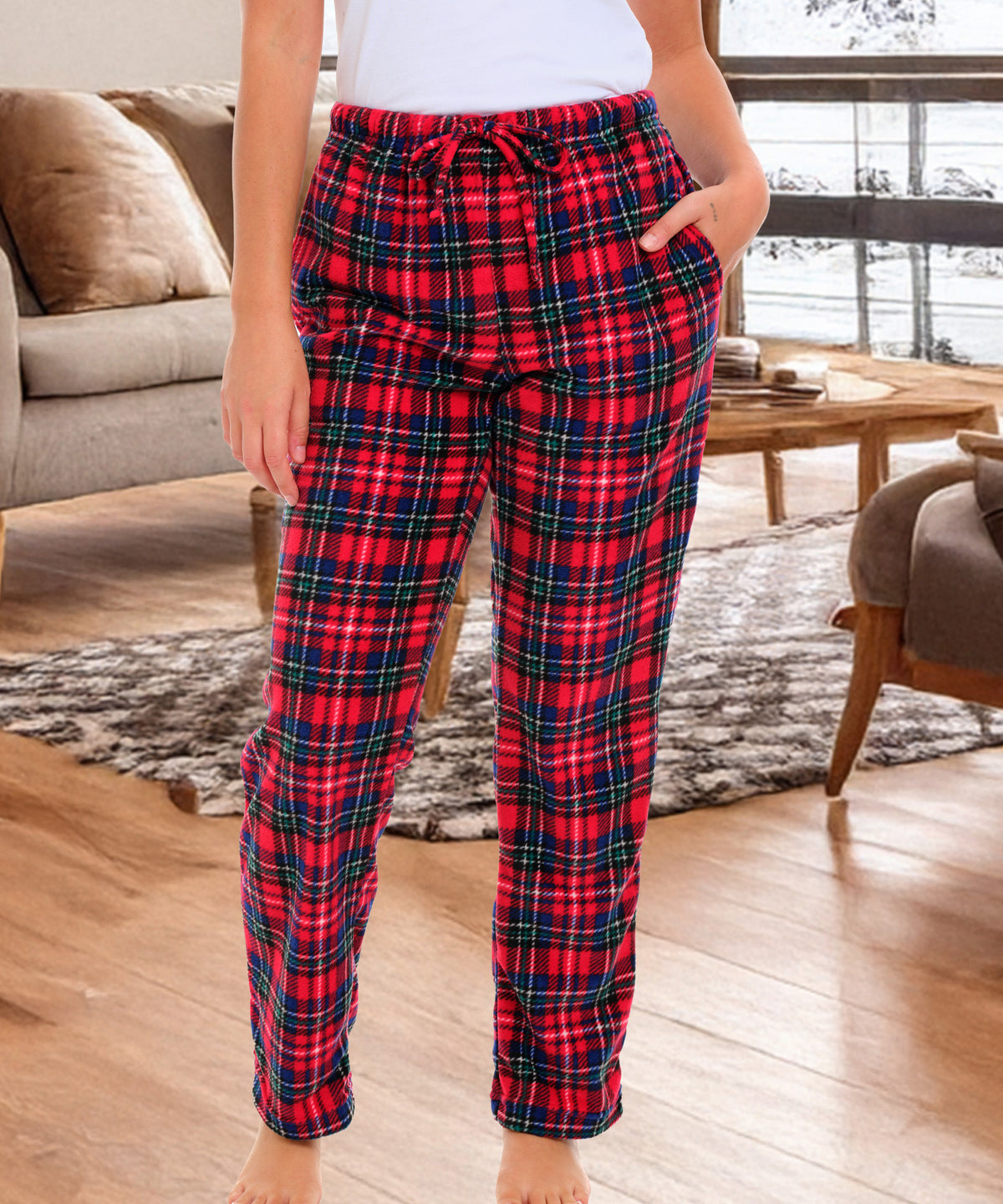 Women's Christmas Plaid Soft Polar Fleece Pajama Pants, Sweatpants, Warm Pj Bottoms