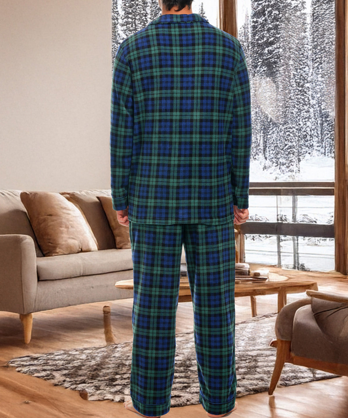Black Watch Tartan Plaid Lightweight Fleece Pajamas for Men, Long Sleeve Button Up PJ Set with Pockets