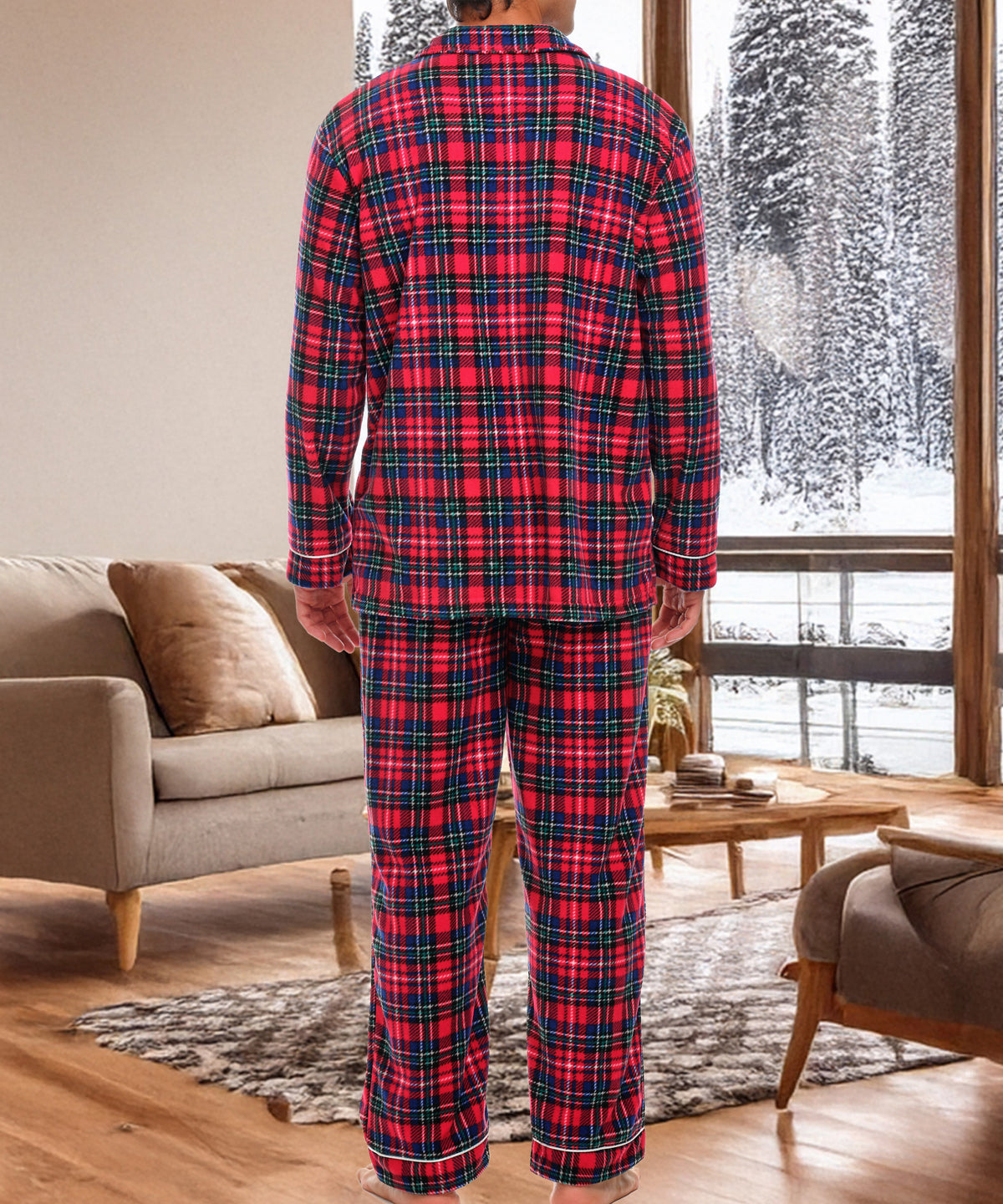 Christmas Plaid Lightweight Fleece Pajamas for Men, Long Sleeve Button Up PJ Set with Pockets