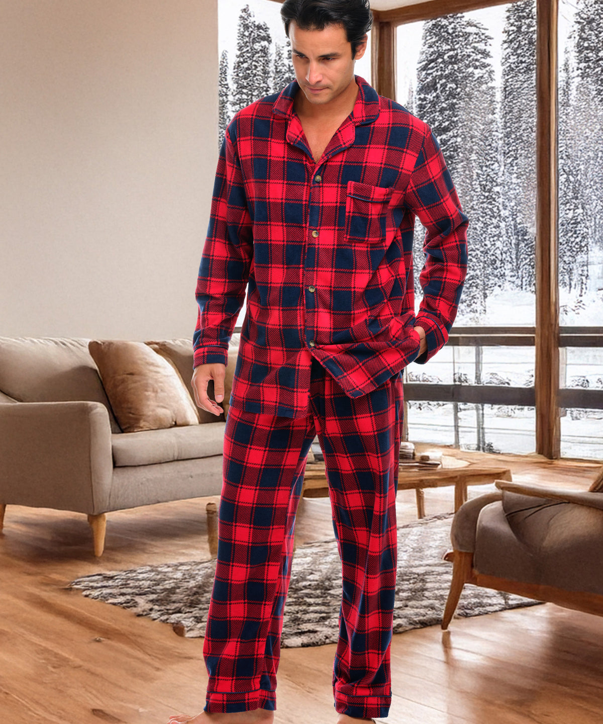 Red and Navy Plaid Lightweight Fleece Pajamas for Men, Long Sleeve Button Up PJ Set with Pockets