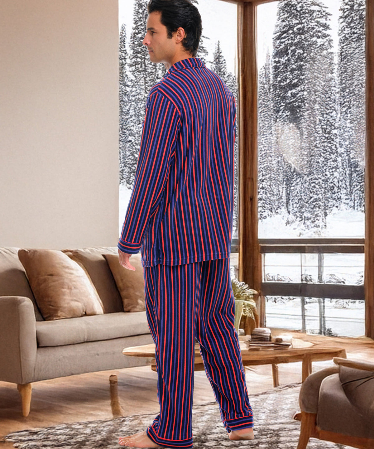 Cranberry Navy Stripe Lightweight Fleece Pajamas for Men, Long Sleeve Button Up PJ Set with Pockets