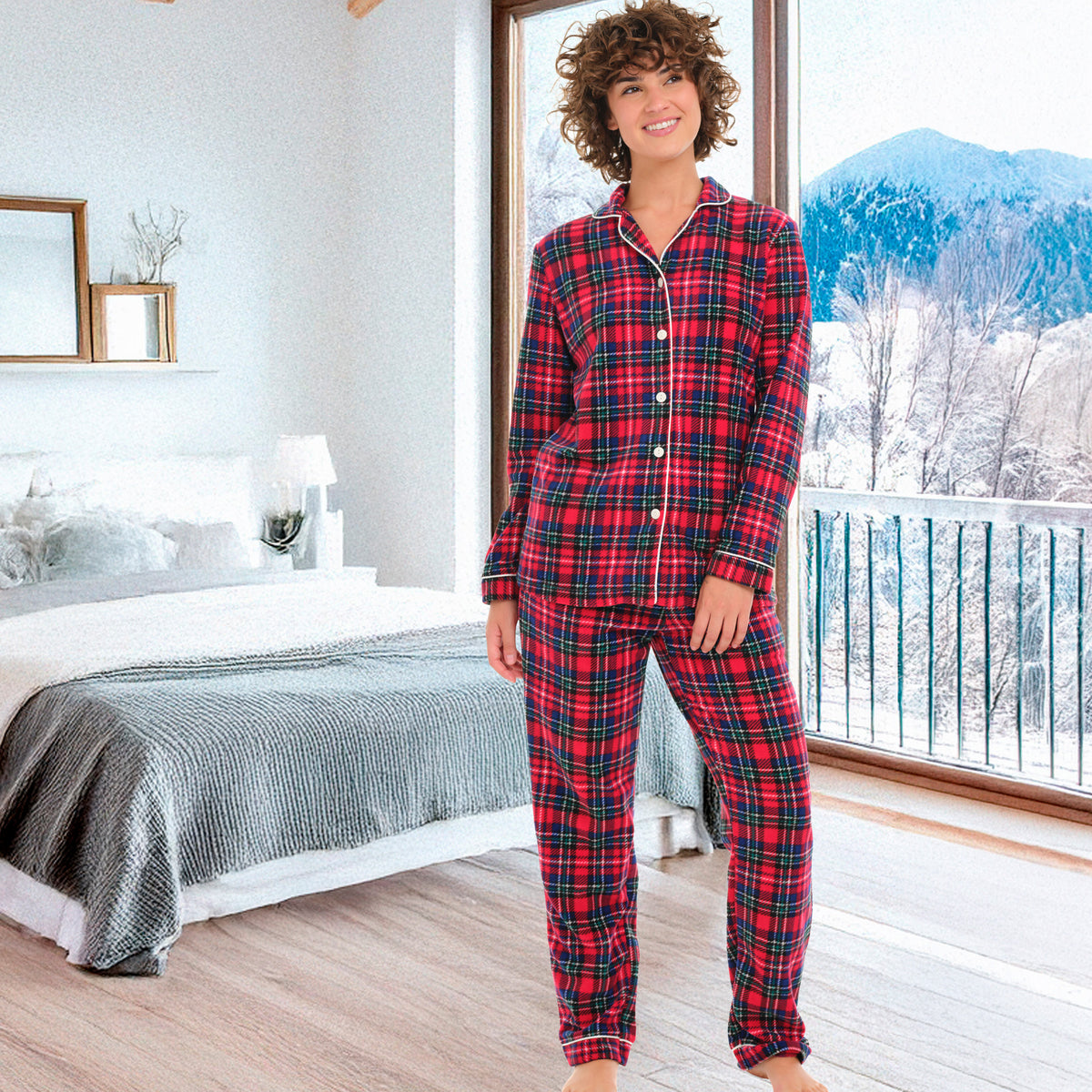 Christmas Plaid Lightweight Fleece Pajamas for Women, Long Sleeve Button Up PJ Set with Pockets