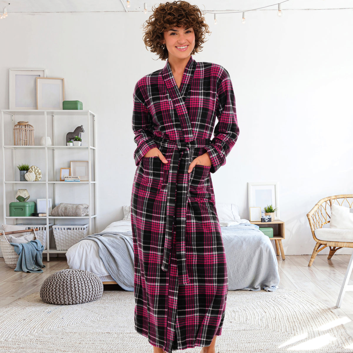 Women's Shadow Rose Plaid Lightweight Fleece Robe – Long Sleeve, Calf Length with Pockets