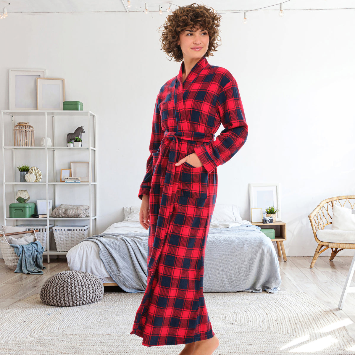 Women's Red and Navy Plaid Lightweight Fleece Robe – Long Sleeve, Calf Length with Pockets