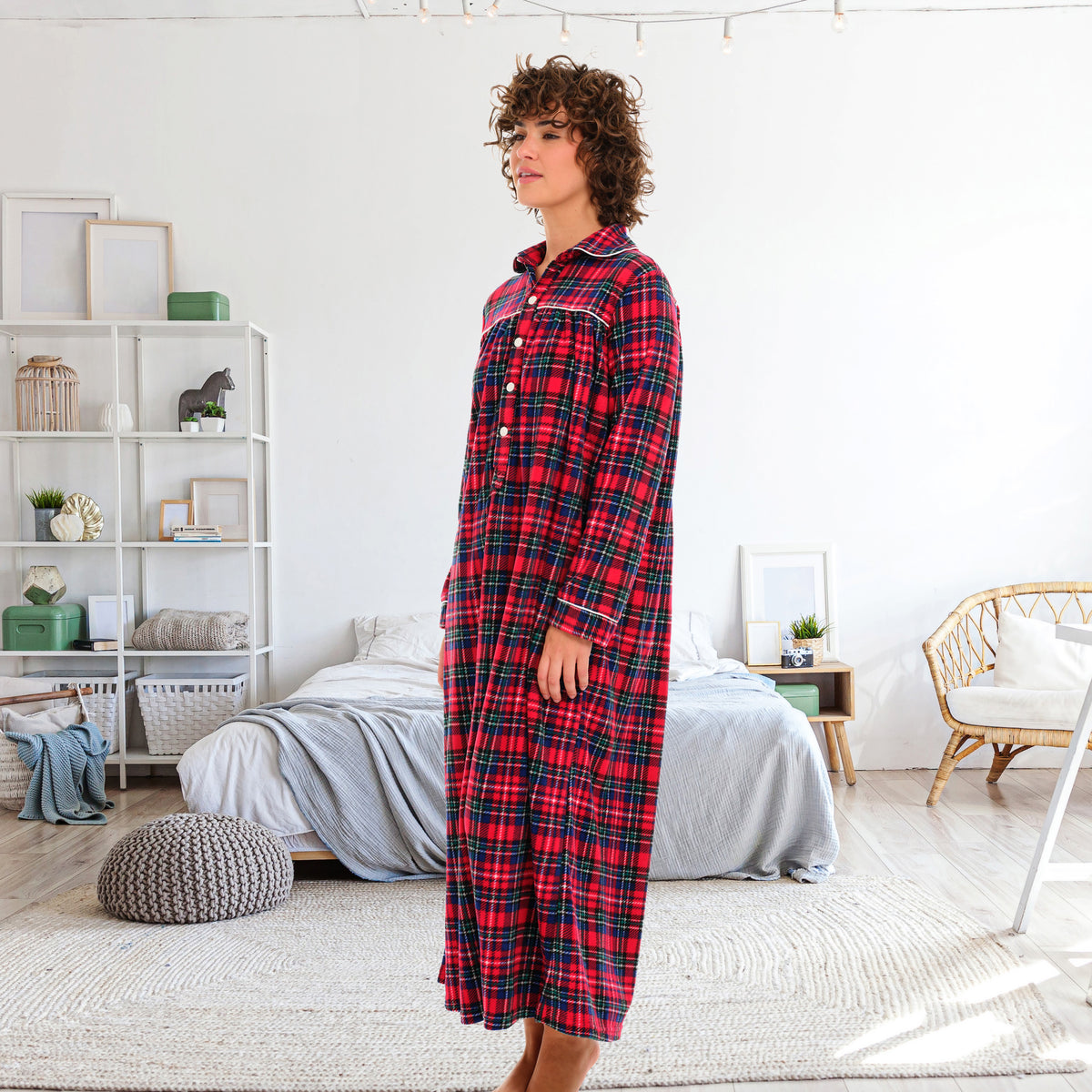 Women's Christmas Plaid Polar Fleece Nightgown, Long Button Up Sleep Shirt