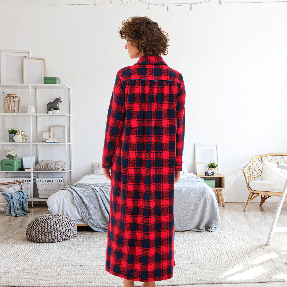 Women's Red and Navy Plaid Polar Fleece Nightgown, Long Button Up Sleep Shirt