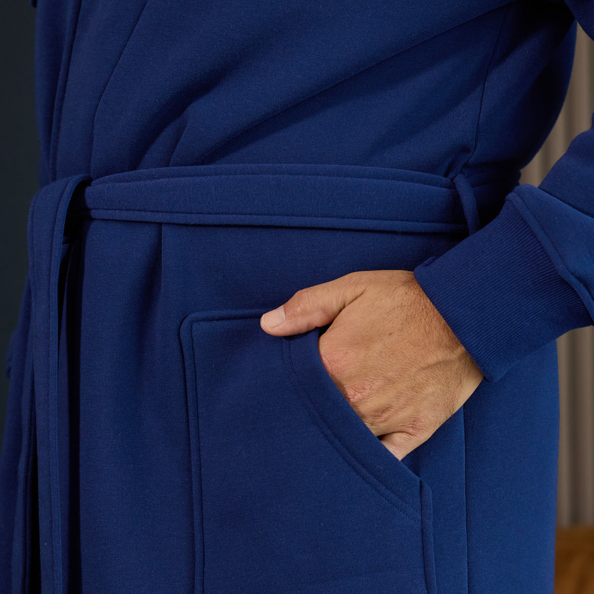 Men's Midnight Blue Classic Hooded Sweatshirt Robe, Winter Bathrobe - Midnight Blue - lifestyle