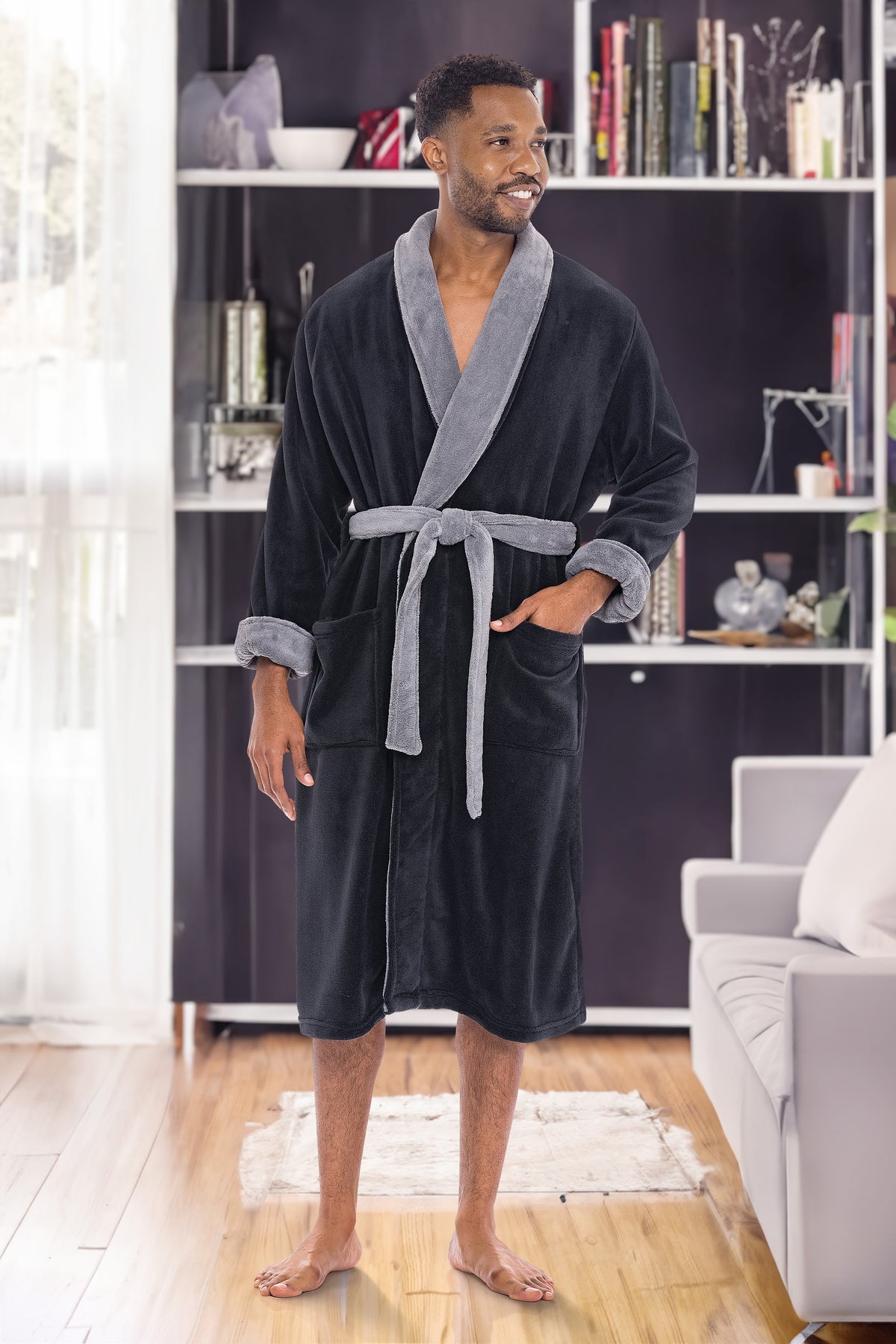 Men's Black with Gray Contrast Classic Winter Robe, Plush Fleece Bathrobe