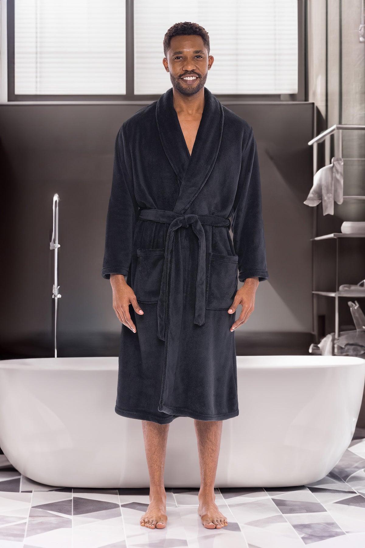 Men's Black Classic Winter Robe, Plush Fleece Bathrobe