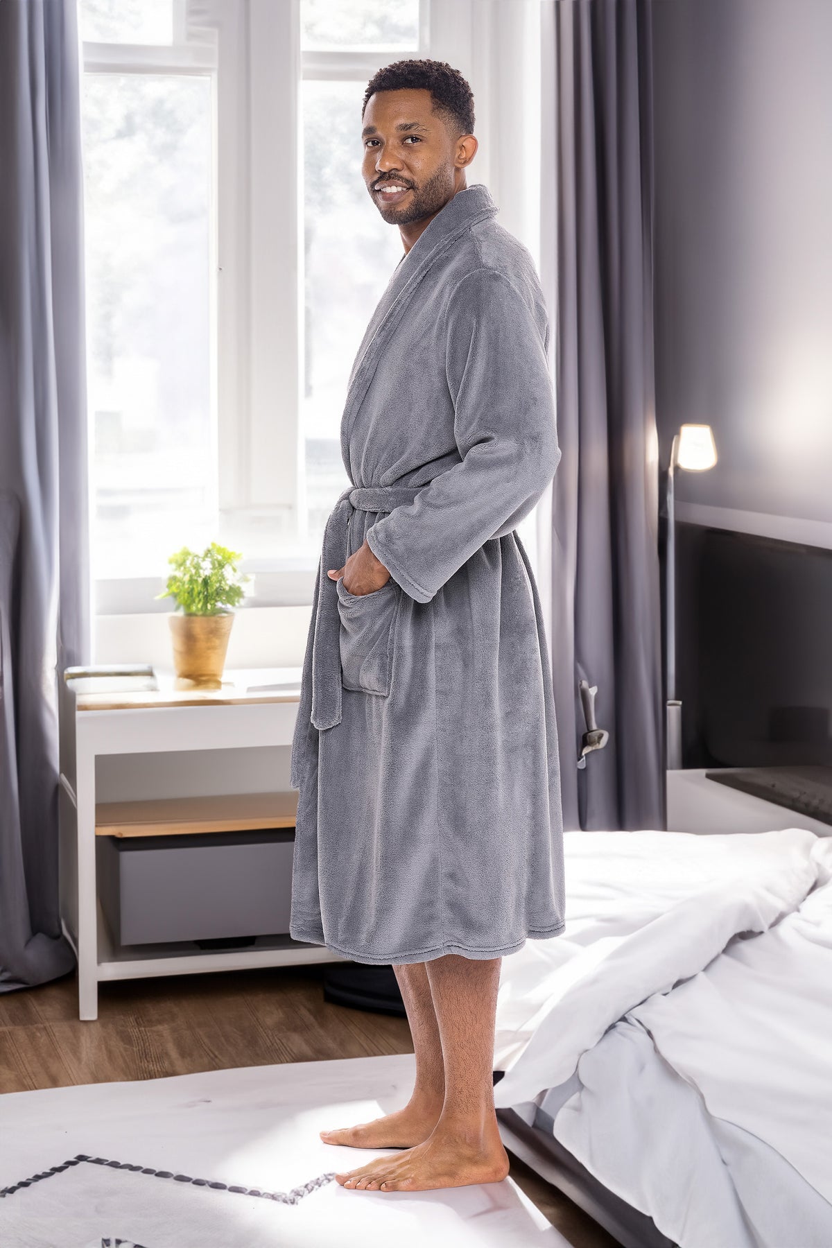 Men's Steel Gray Classic Winter Robe, Plush Fleece Bathrobe