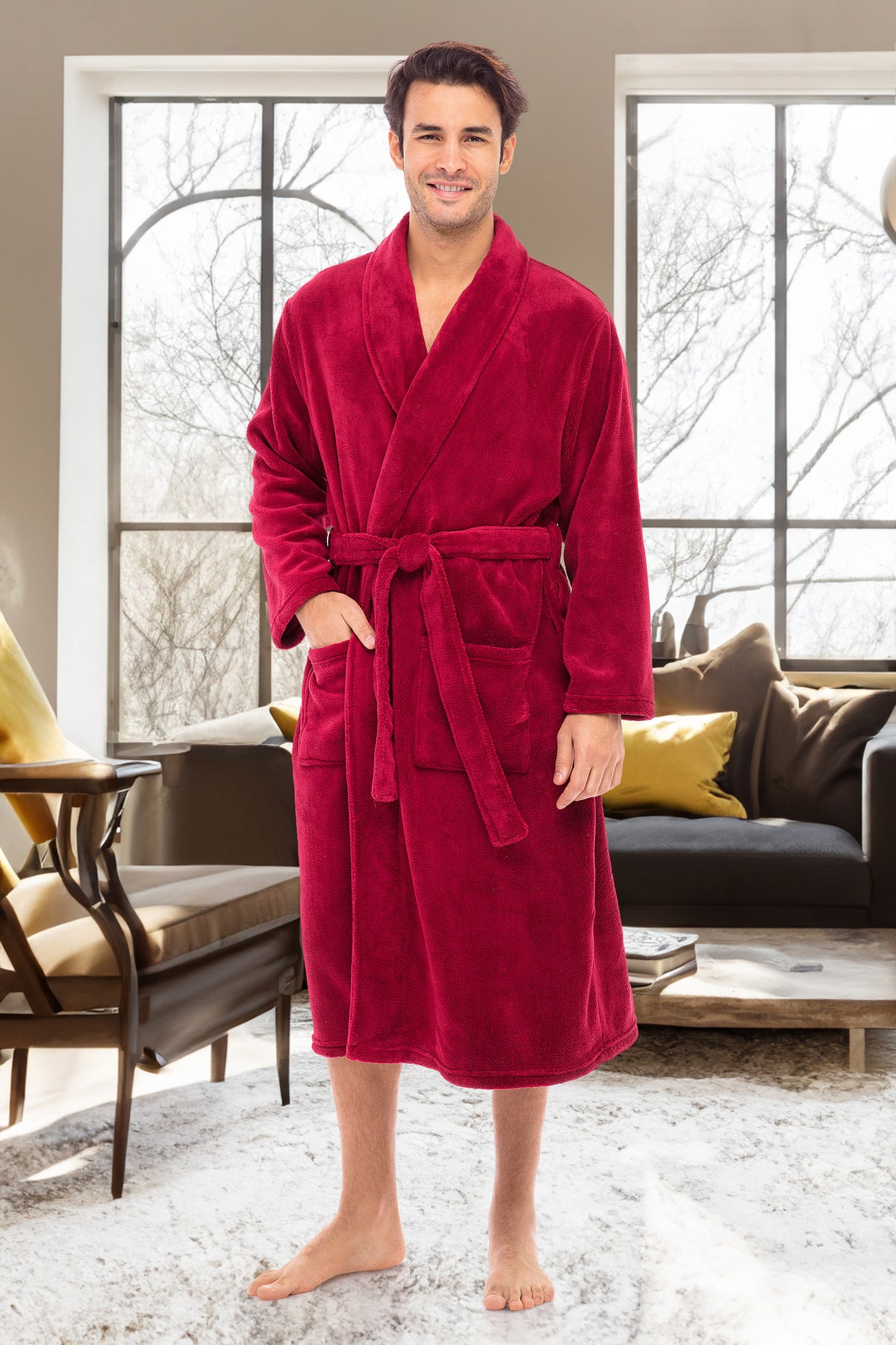 Men's Burgundy 2 Classic Winter Robe, Plush Fleece Bathrobe