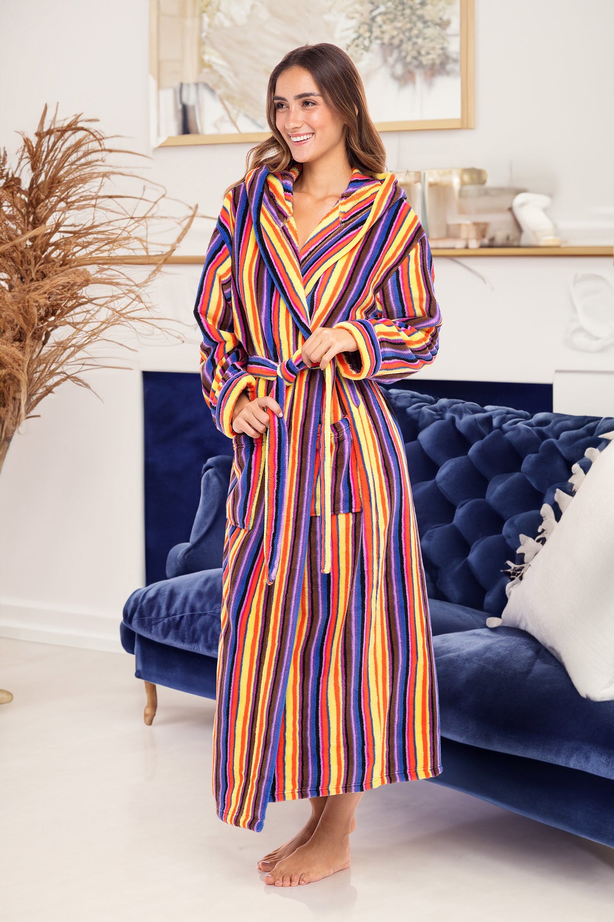 Candy Striped Plush Fleece Robe for Women, Long Hooded Bathrobe with Hood, Plus Size