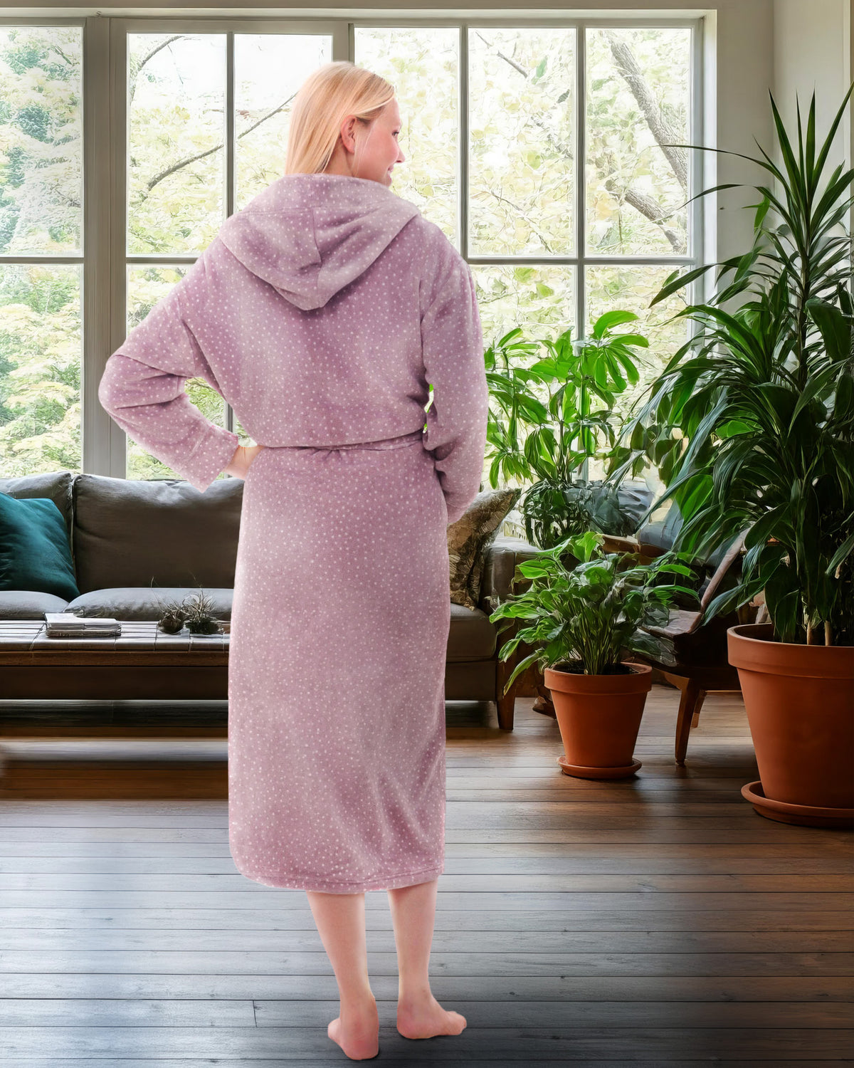 Mauve with Polka Dots Plush Fleece Robe for Women, Long Hooded Bathrobe with Hood, Plus Size