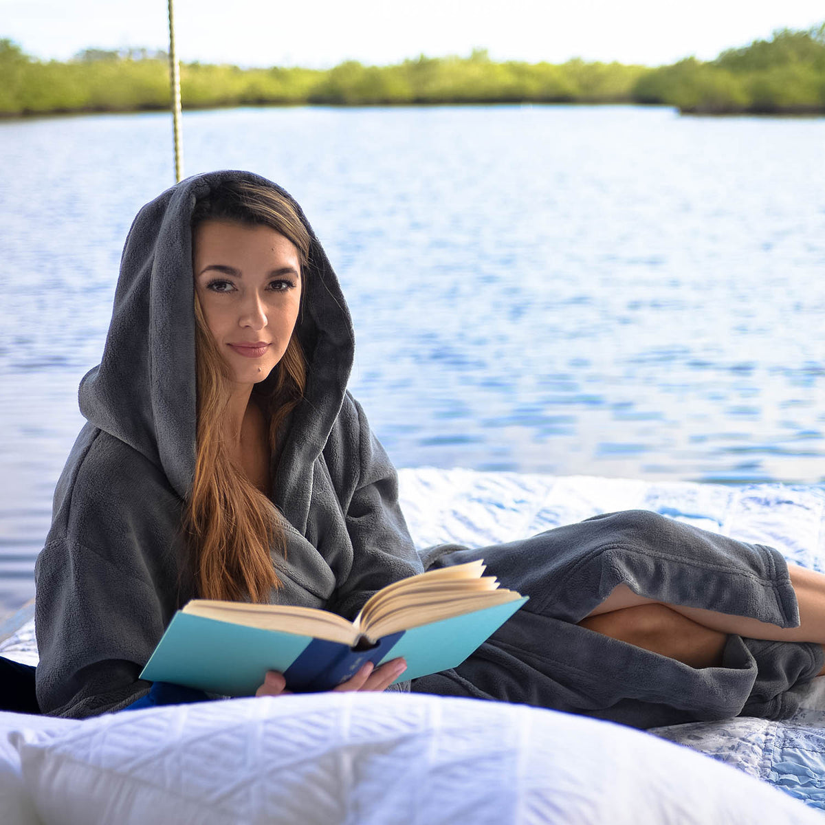 Steel Gray Plush Fleece Robe for Women, Long Hooded Bathrobe with Hood, Plus Size
