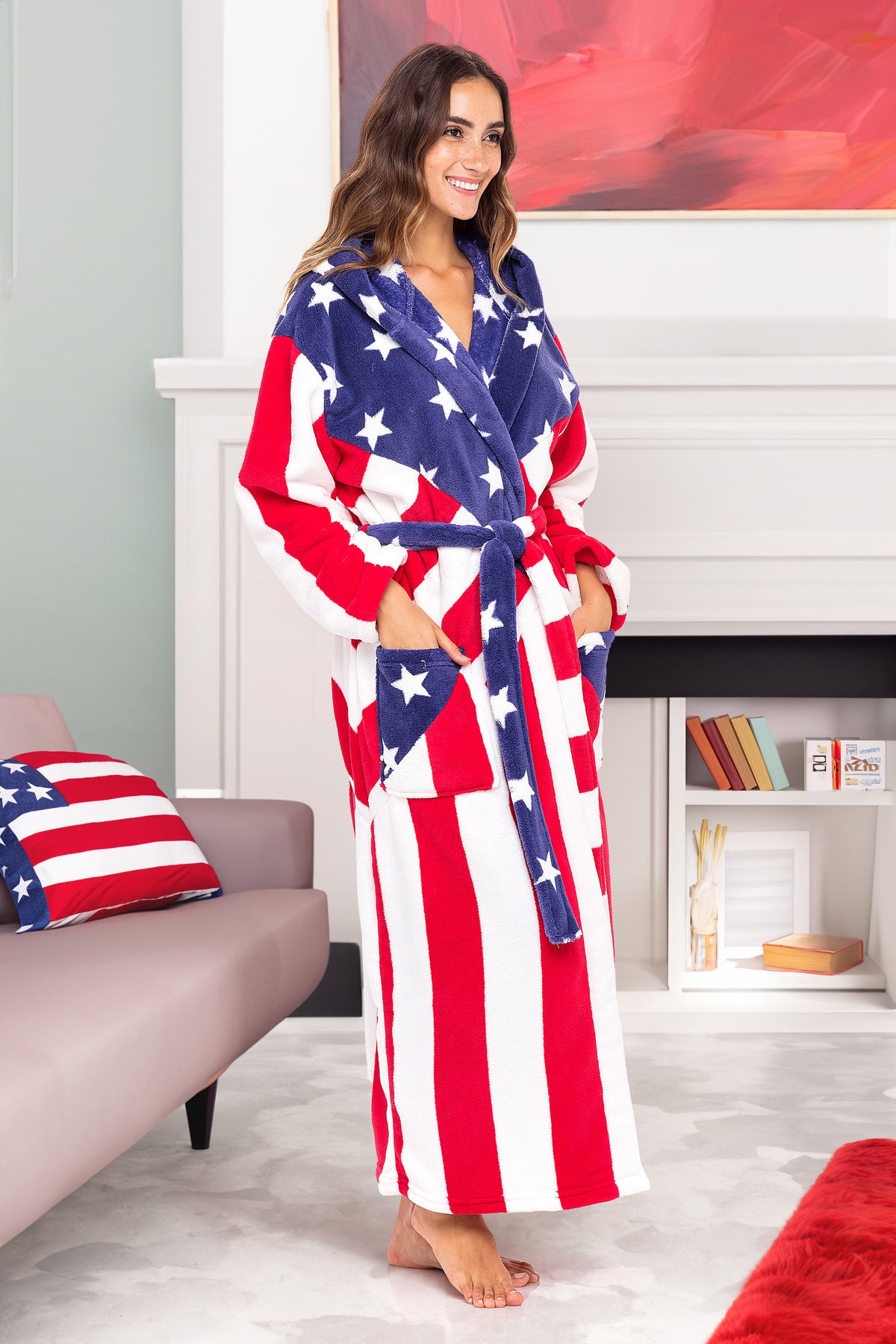 American Flag Classic Plush Fleece Robe for Women, Long Hooded Bathrobe with Hood, Plus Size