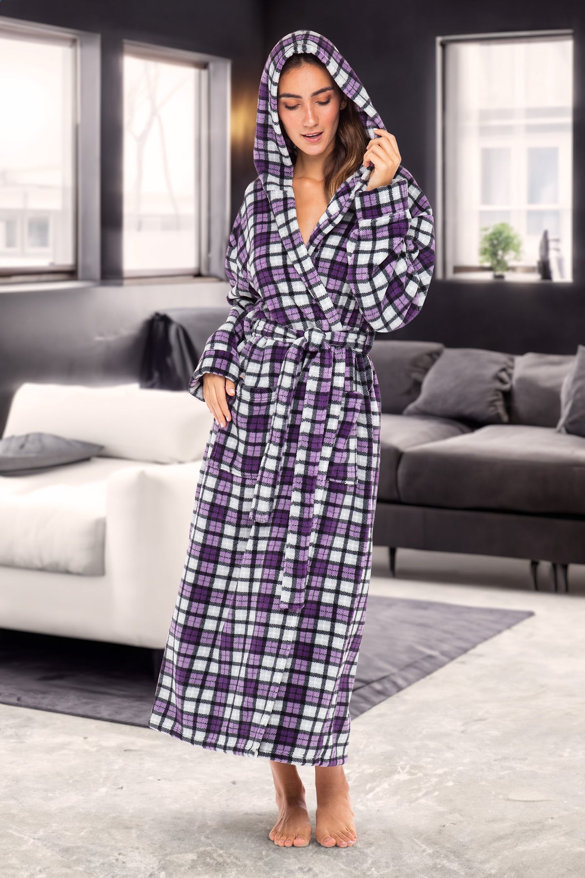 Lavender Tartan Plaid Plush Fleece Robe for Women, Long Hooded Bathrobe with Hood, Plus Size