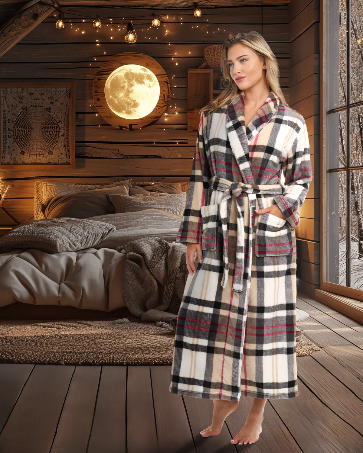 Designer Plaid Plush Striped Robe for Women, Long Fleece Plaid Winter Bath Robe, Plus Size
