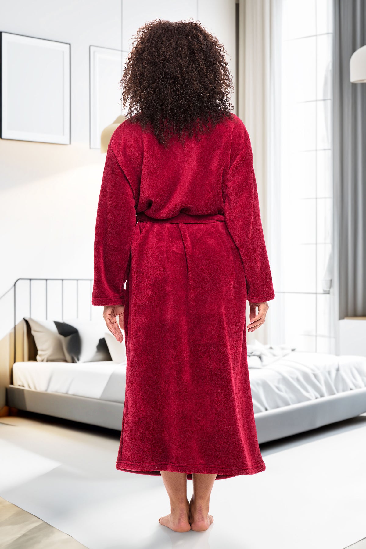 Burgundy Plush Striped Robe for Women, Long Fleece Plaid Winter Bath Robe, Plus Size