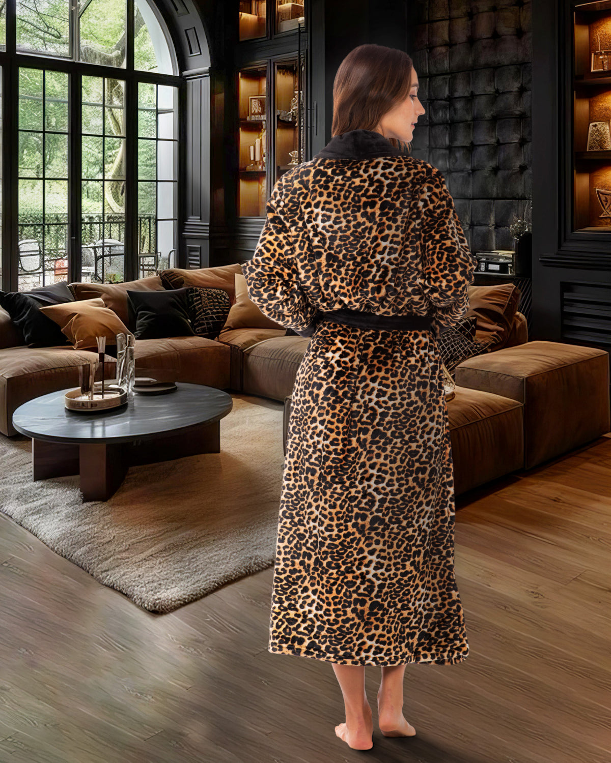 Leopard Print Plush Striped Robe for Women, Long Fleece Plaid Winter Bath Robe, Plus Size