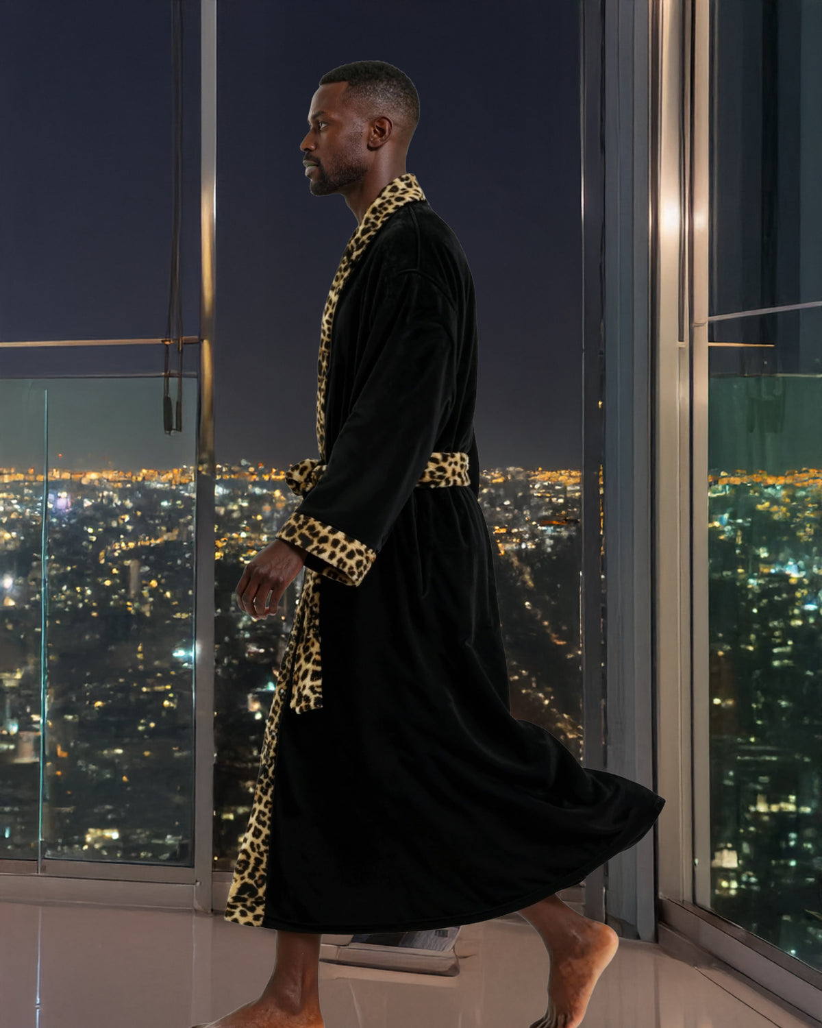 Mens Leopard Print Accent Kimono Robe, Japanese Robe for Men