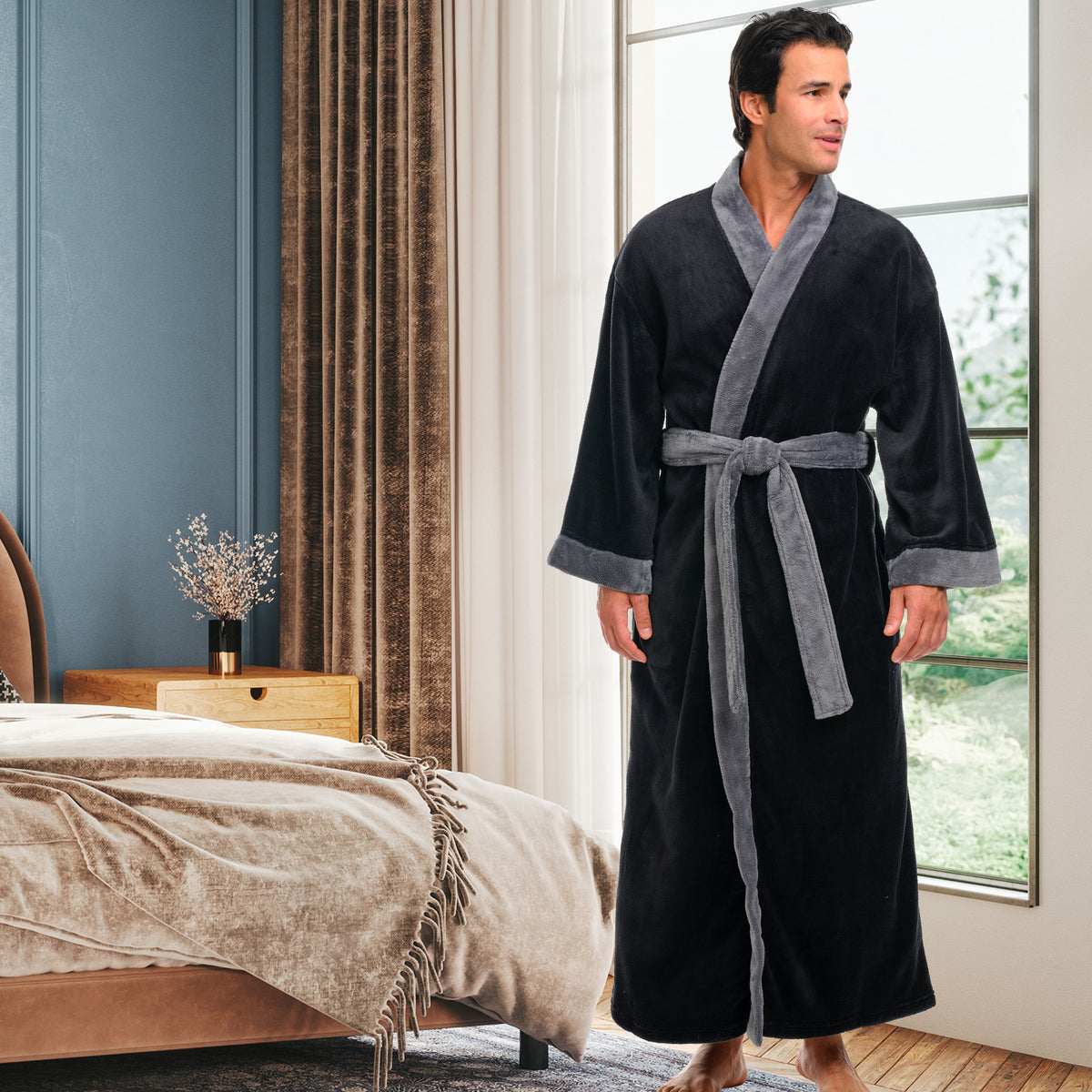 Mens Black with Gray Kimono Robe, Japanese Robe for Men
