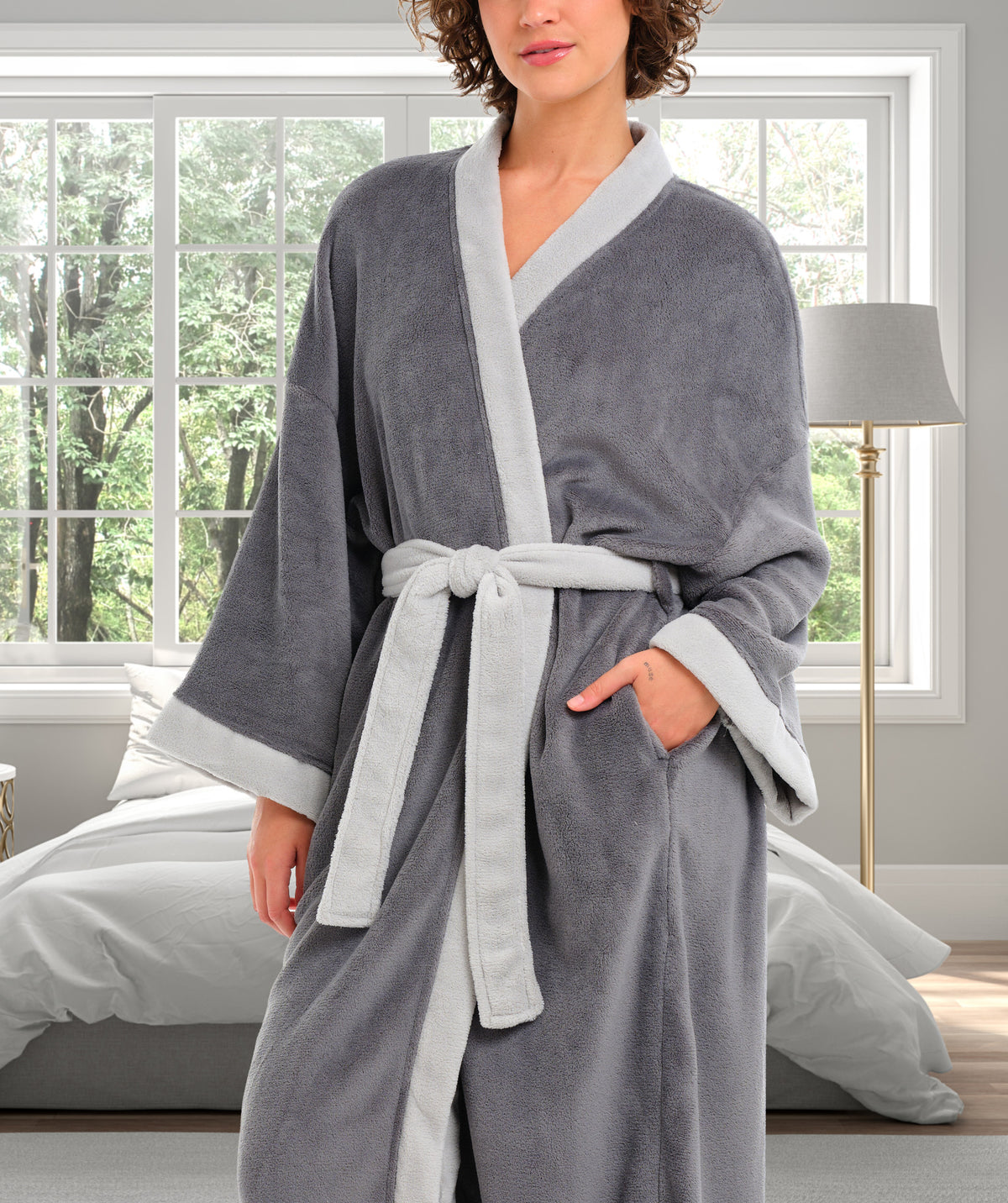 Womens Steel Gray with Light Gray Kimono Robe, Robe for Women