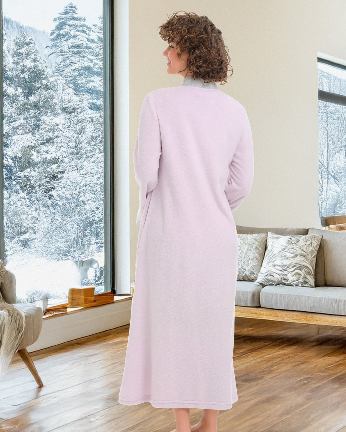 Womens Muted Lavender with Light Gray Zip Up Kimono Robe, Japanese Robe for Women