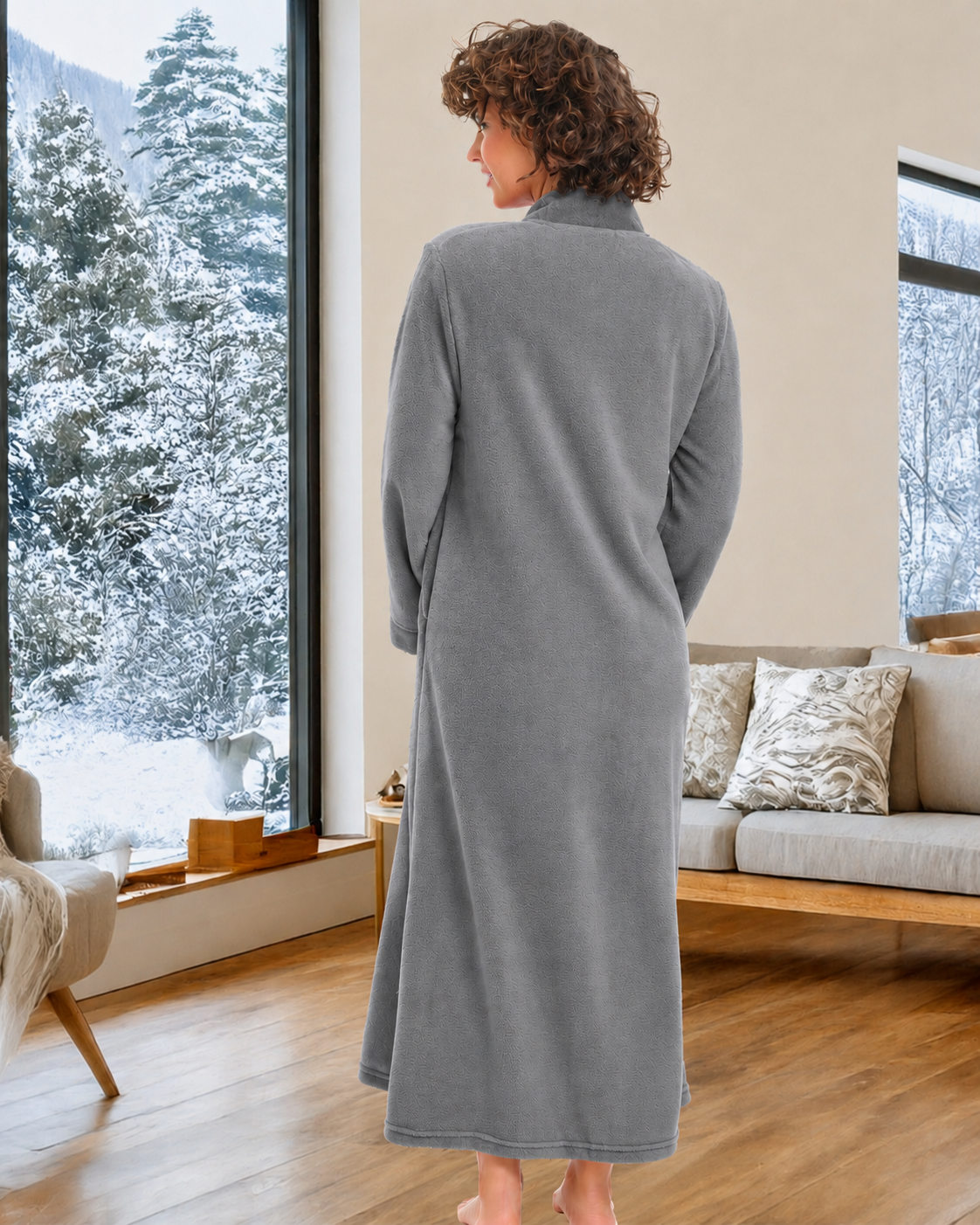 Womens Steel Gray Zip Up Kimono Robe, Japanese Robe for Women