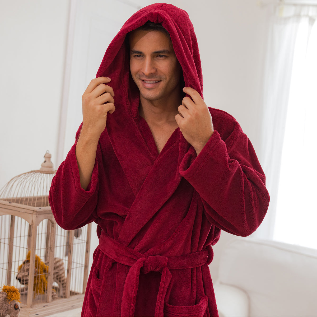 Men's Burgundy Plush Fleece Hooded Bathrobe, Full Length Long Warm Lounge Robe with Hood