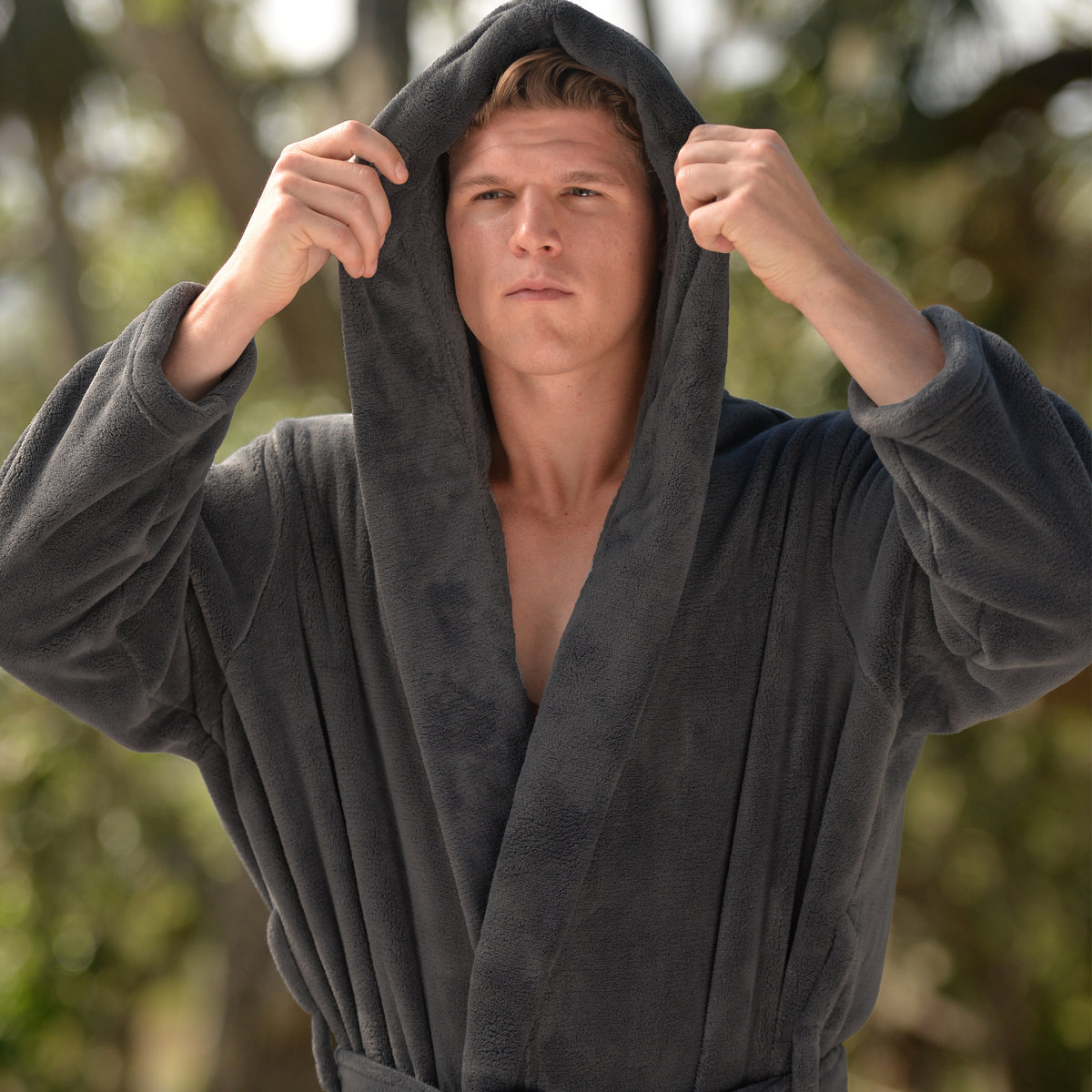 Men's Graphite Gray Plush Fleece Hooded Bathrobe, Full Length Long Warm Lounge Robe with Hood