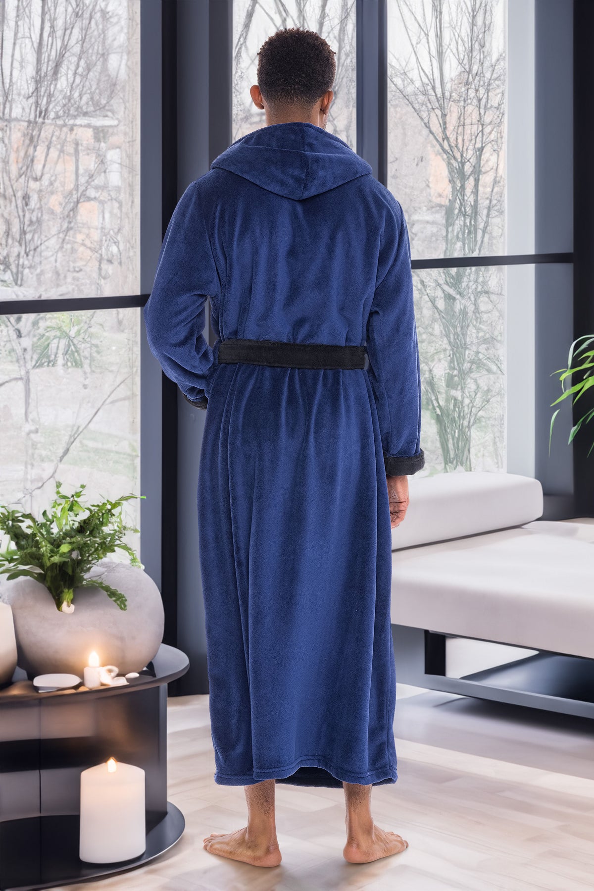 Men's Navy Blue with Black Plush Fleece Hooded Bathrobe, Full Length Long Warm Lounge Robe with Hood